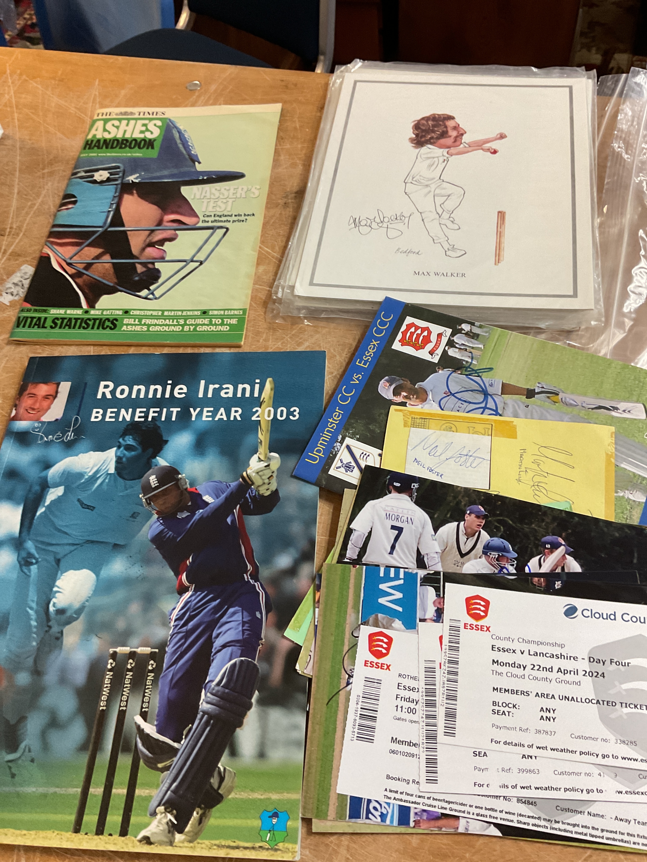 Essex County Cricketers autographs on programmes, tickets etc, and two sets of caricature prints of cricketers.