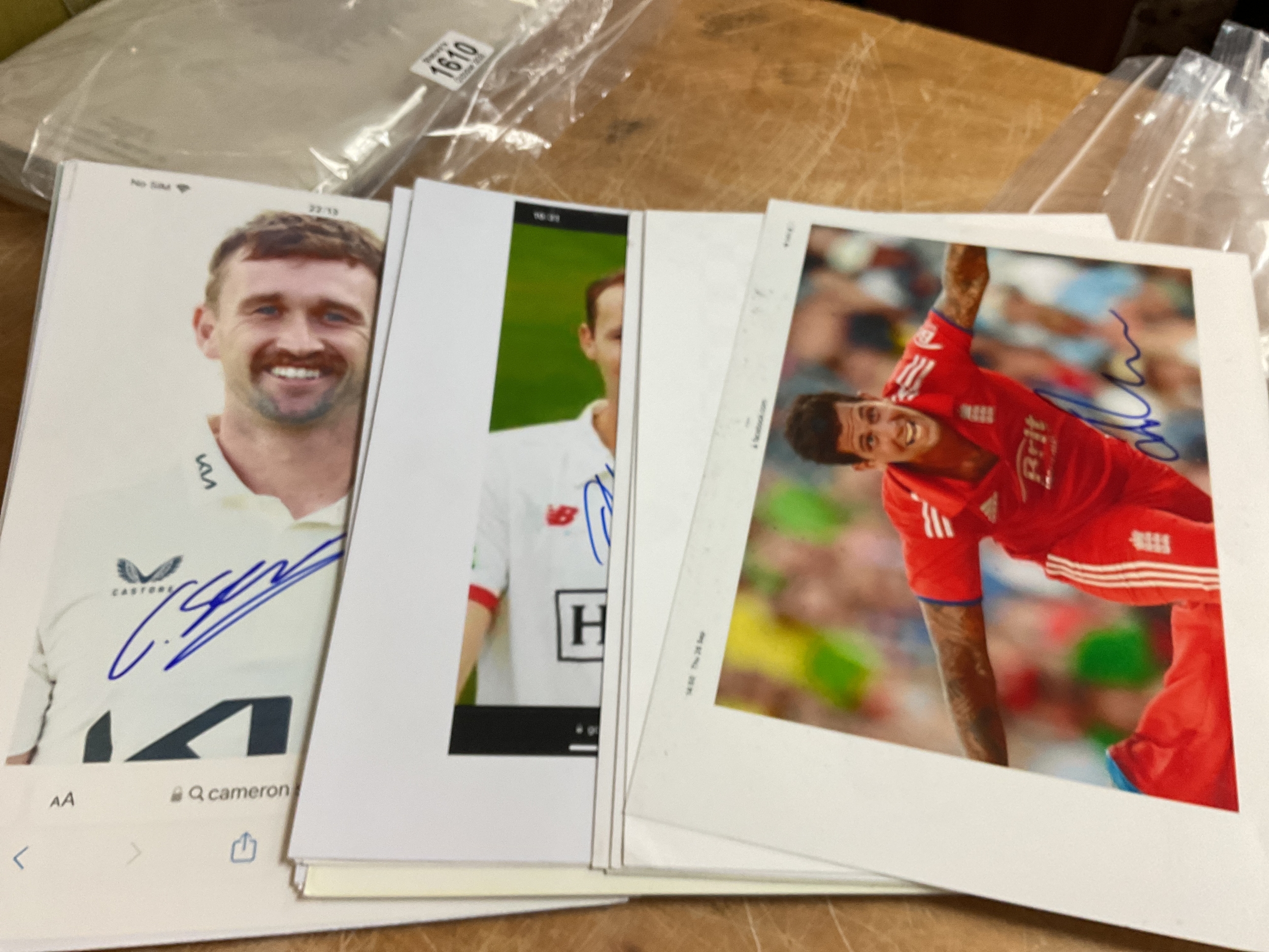 43 personally collected autographs of Criceters on colour prints of them in action, Essex, England and Test cricketers.