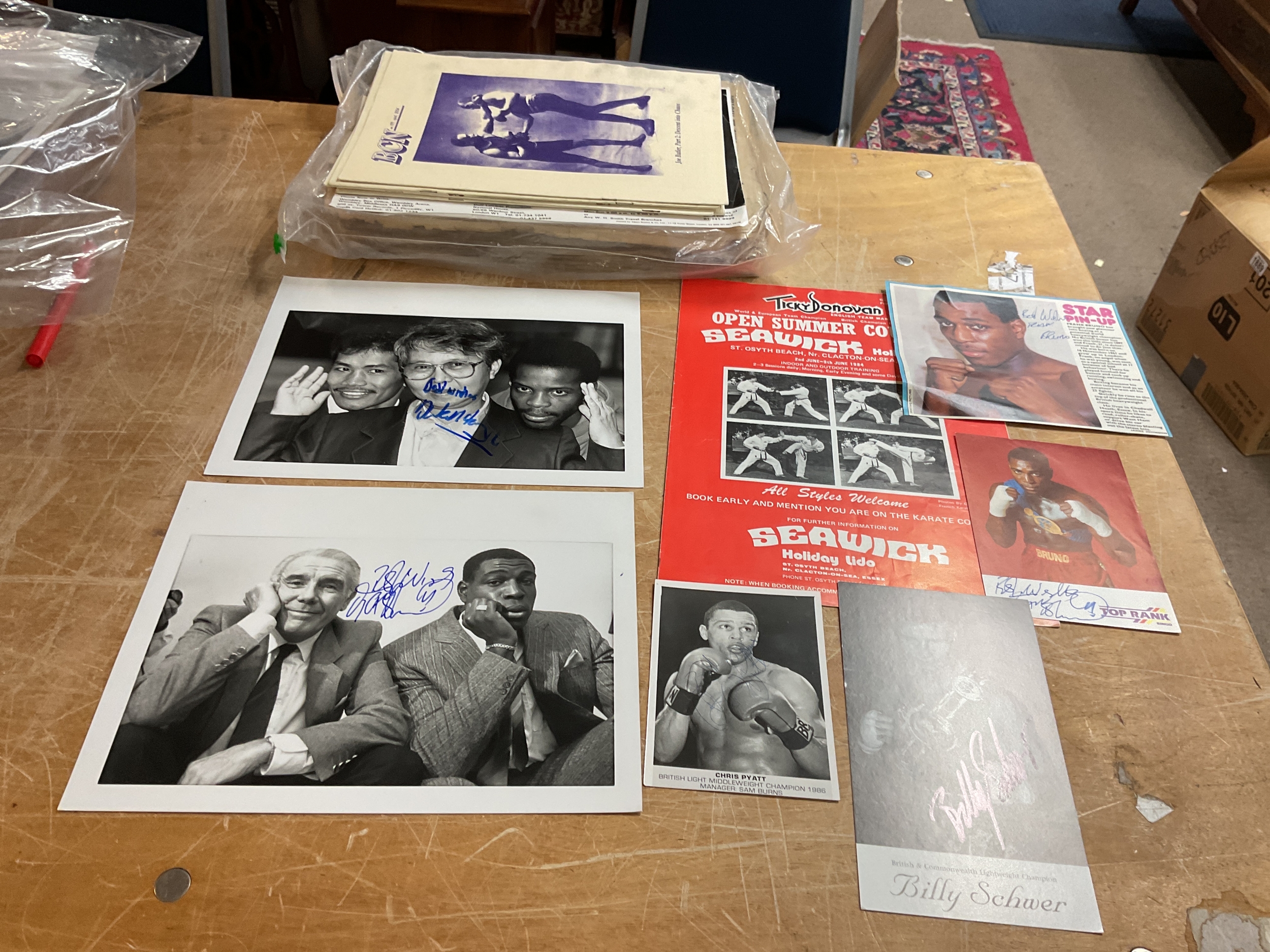 Boxing autographs, signed cards, and magazines, Frank Bruno autograph, Chris Pratt , Billy Schwer,Ticky Donovan programme etc.