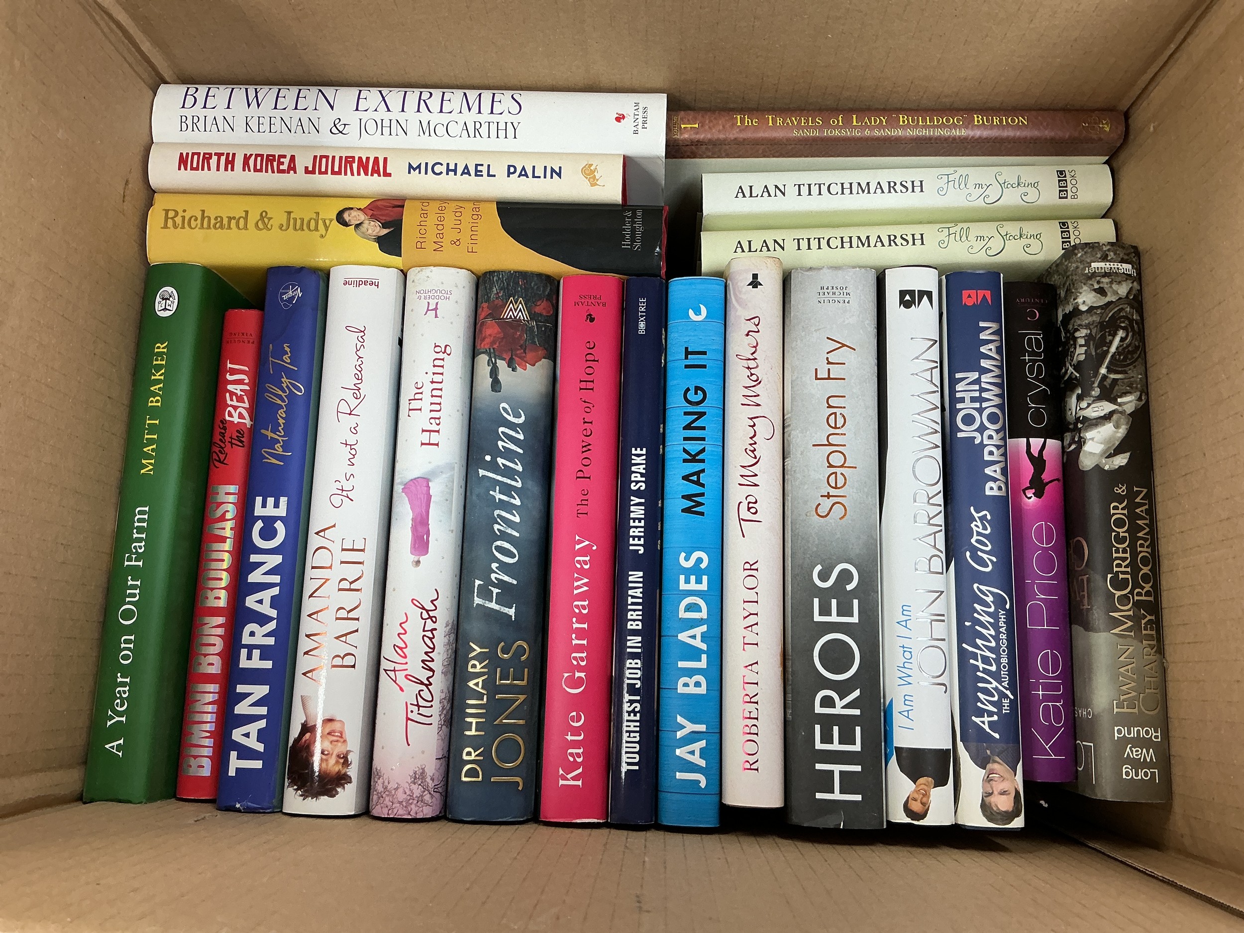 A box of signed hardback books by various authors including Stephen Fry, Melvyn Bragg, Michael Palin and others.
