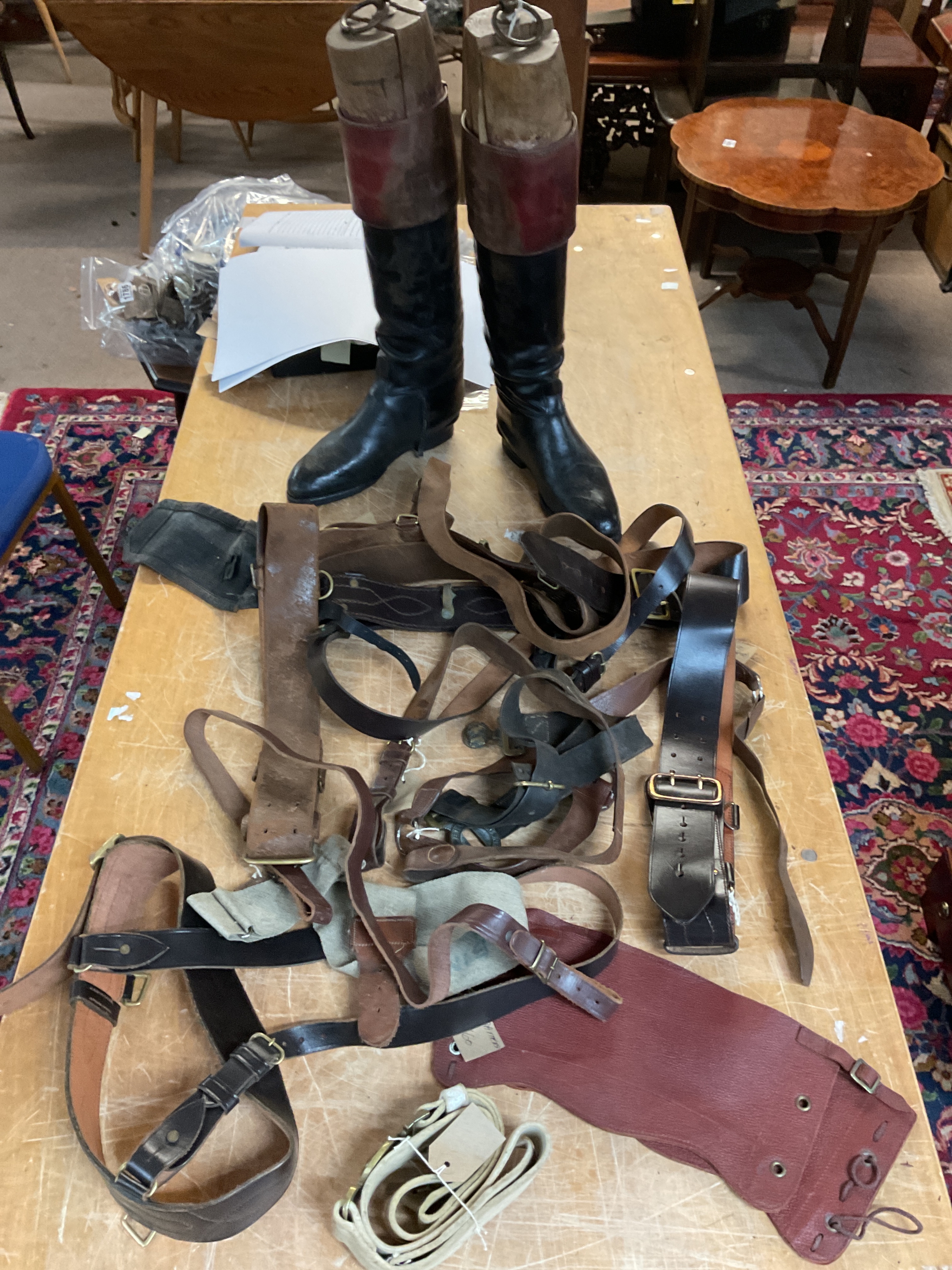 Pair leather officers boots with lasts andWWI  Sam Browne belts, ATS Spats,US WWI belt accessories etc.