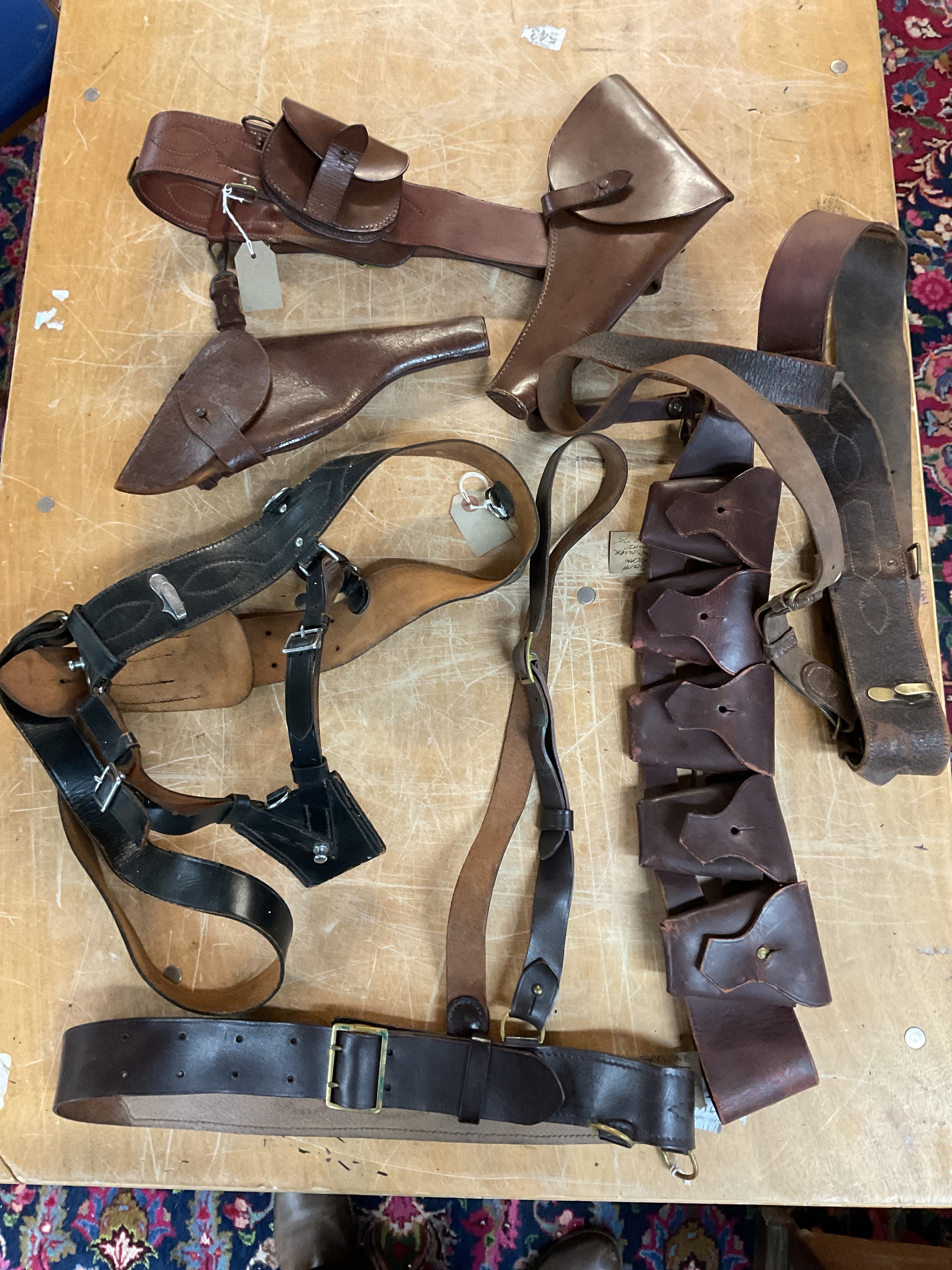 WWI Sam Browne belts, with holsters, ammo pouch, SA bandolier etc.