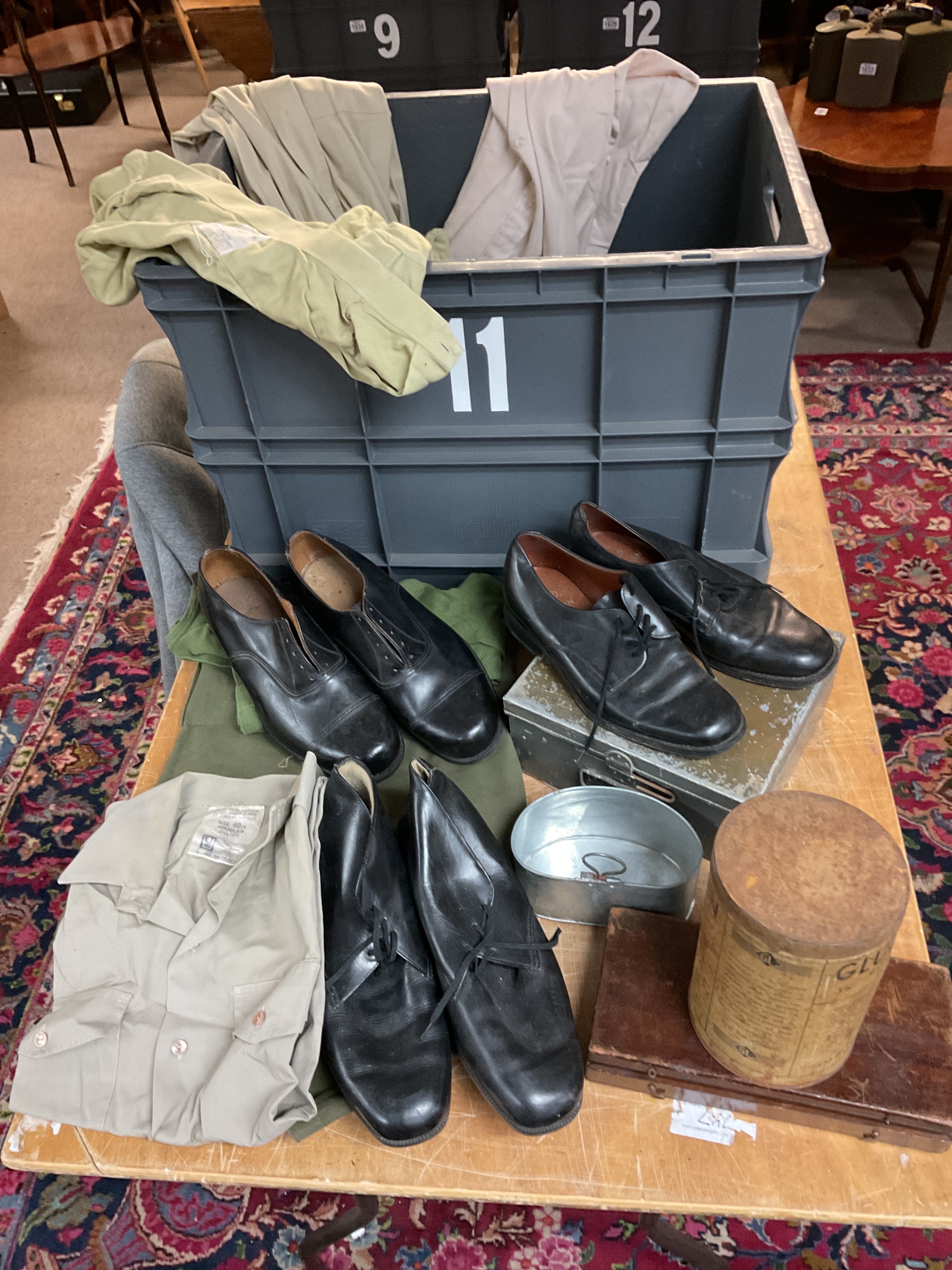 Military shirts, tins, shoes etc.