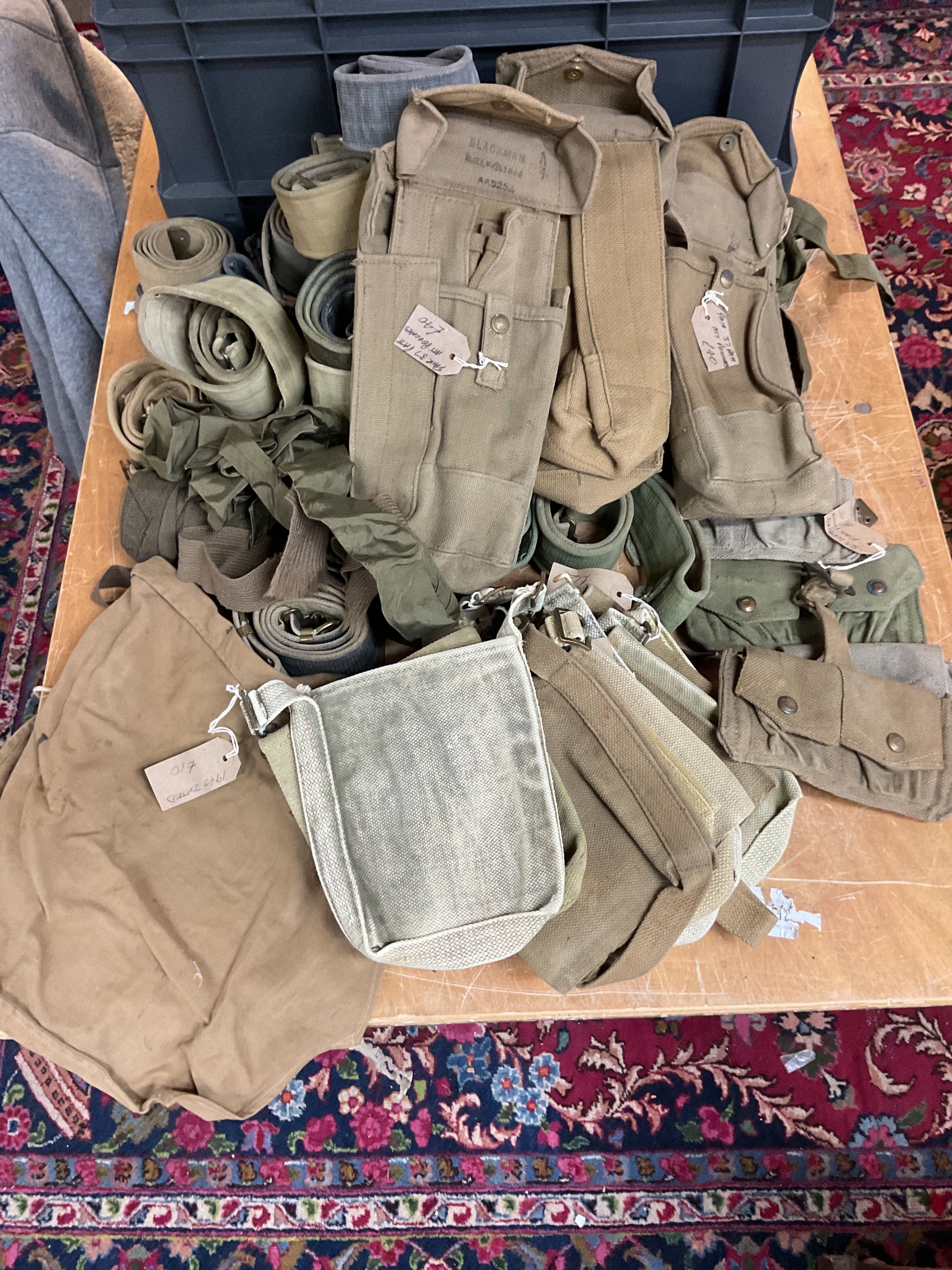 Qty Pat 37 webbing pouches, WWII belts, ammo pouches, bottle holders etc.