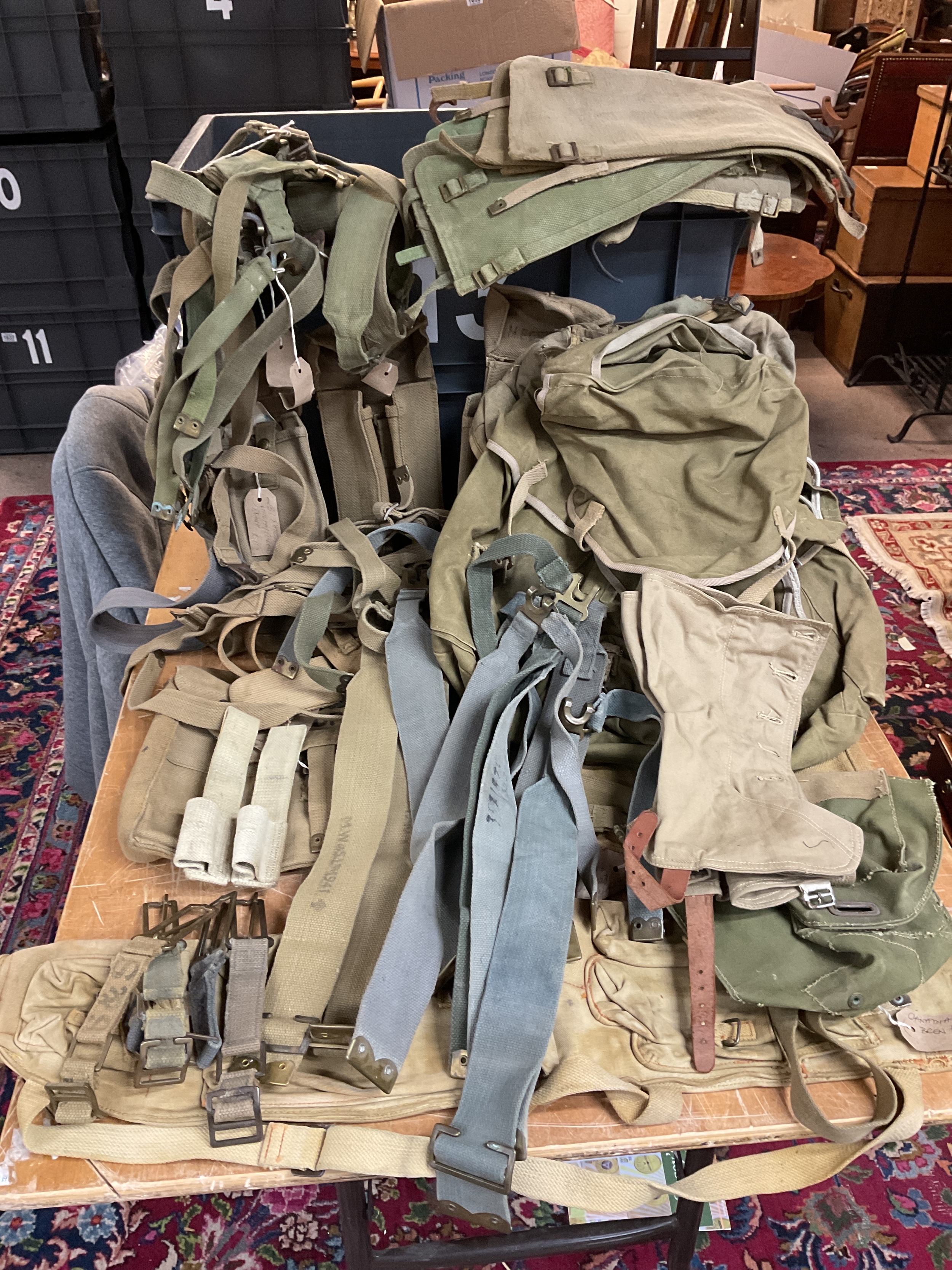 WWII pat 37 webbing to include Canadian Bren hold all, yokes small bags Haversacks, yokes L straps, frogs, spats us/uk