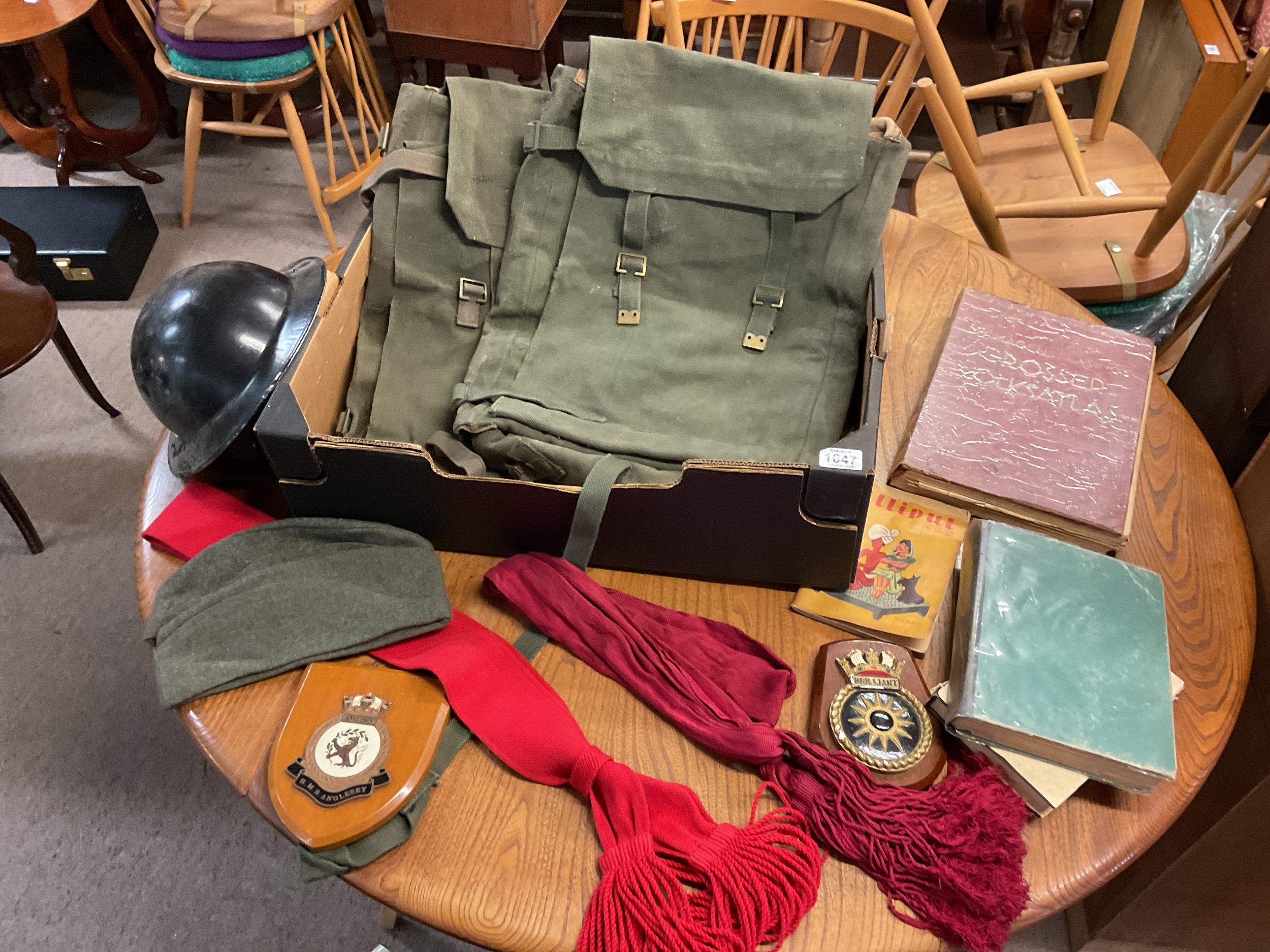 Qty militarism, radio packs RSM Sashes, WWII German books, black tin hat, etc.
