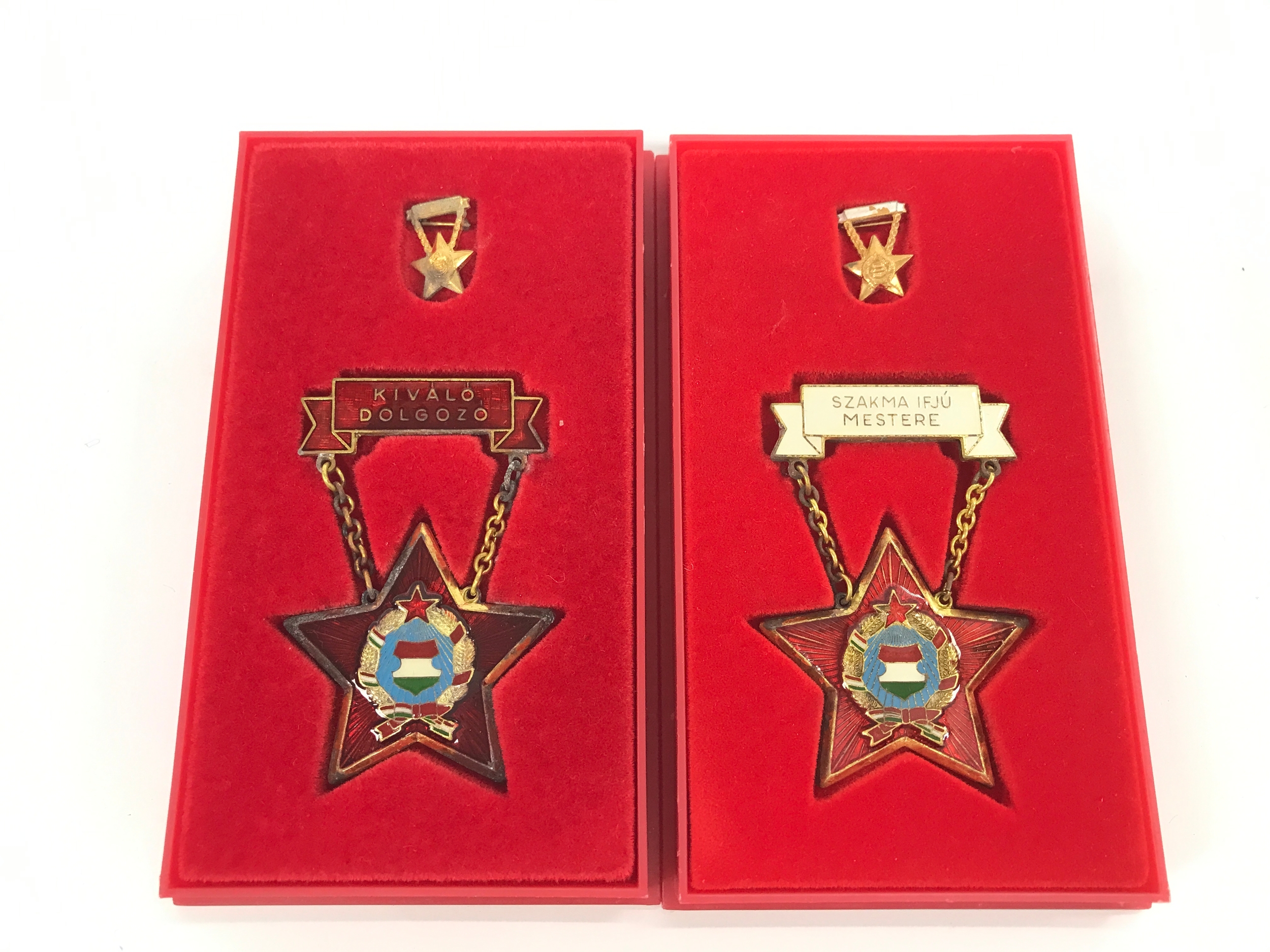 Two cased Hungarian Communist era labor awards from the People's Republic of Hungary a Kiváló Dolgozó(Excellent Worker) medal on the left and a Szakma Ifjú Mestere (Young Master of the Trade) medal on the right, both complete with their miniature lapel pins in red presentation
