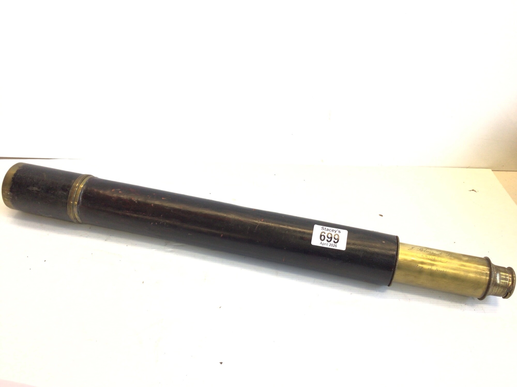 A British Marine 19th century two drawer brass and leather bound Day Night telescope maker J Blair & Son Bristol.