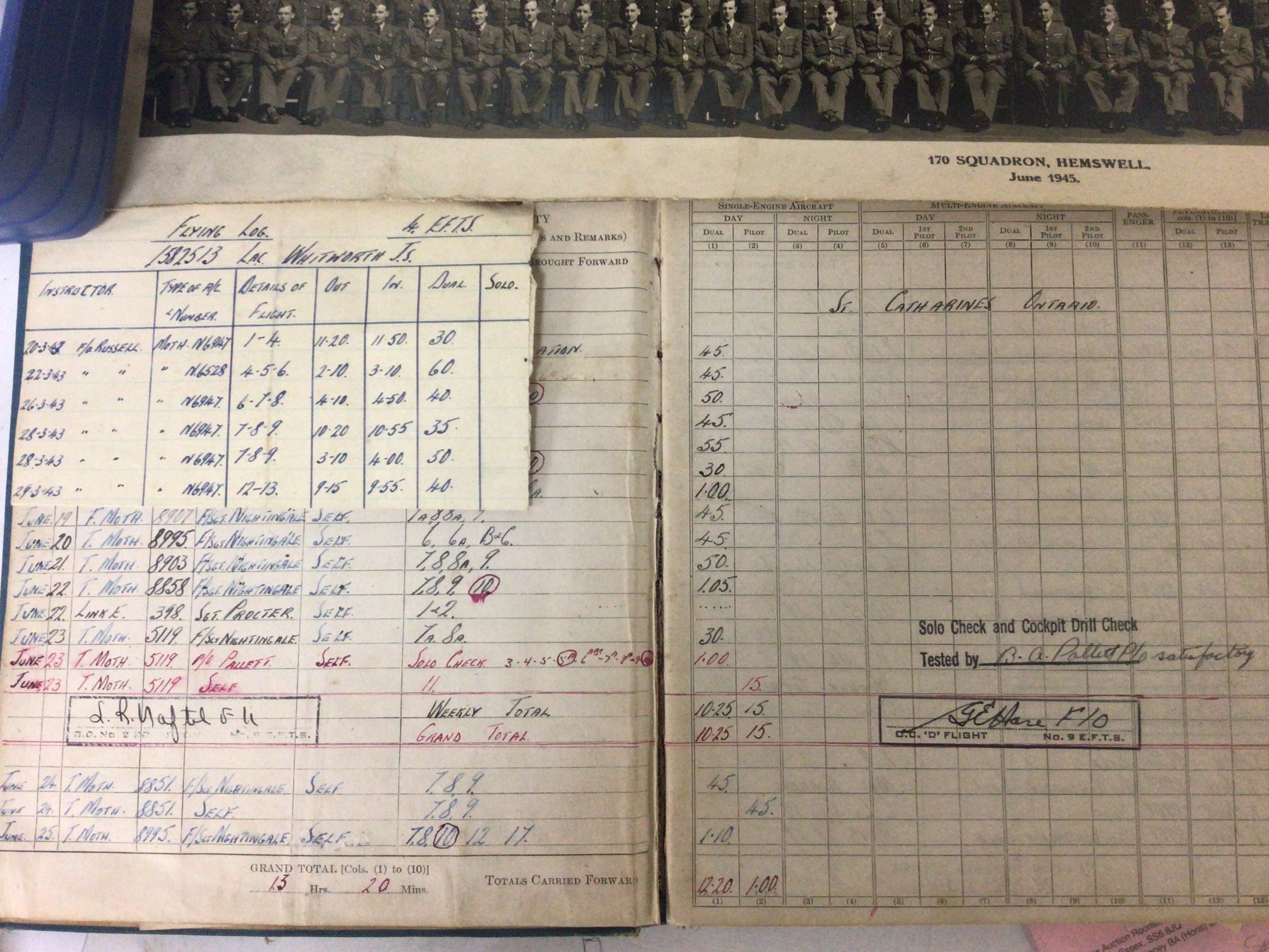  A II world war Pilots log book Royal Canadian Airforce first pilot Whitworth JS flight year 1943 mainly training Aircraft Tiger Moth and Anson MkII and a II world war printed photograph of the RAF 170squadron June 1945 (2) 
