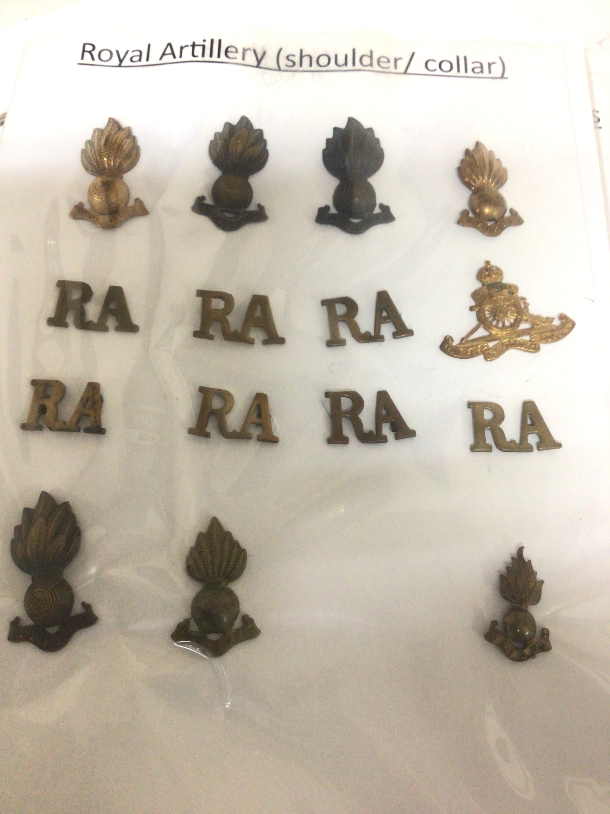  A collection of British Military hat badges in a folder Artillery REMC RAMC Singles Royal Tank Regiment and other regiments. 