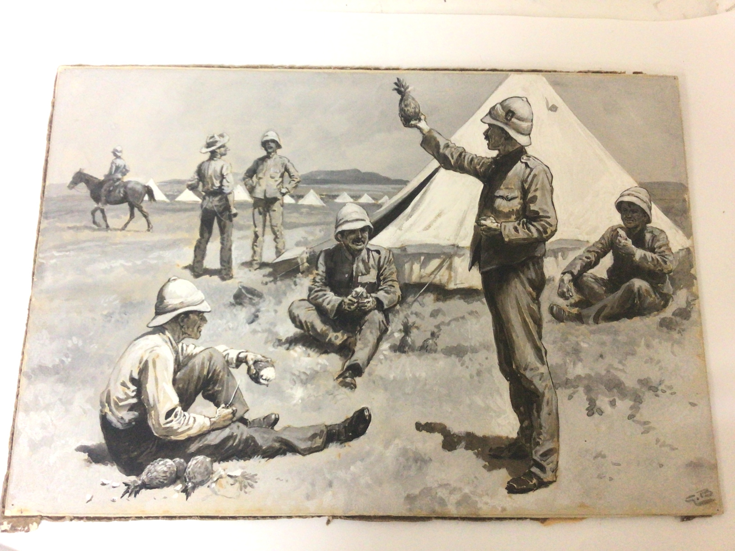  A very interesting watercolour and Gouache painting paper layer on board with pin holes to each corner depicting Boer War British Soldiers in camp entitled Pineapples at TwoPence each at Camp Chieveley the painting matching the first print in the Welcome Collection. This watercolour signed GB and most likely by George Frederick Browne and possibly the original  32 x22  . 