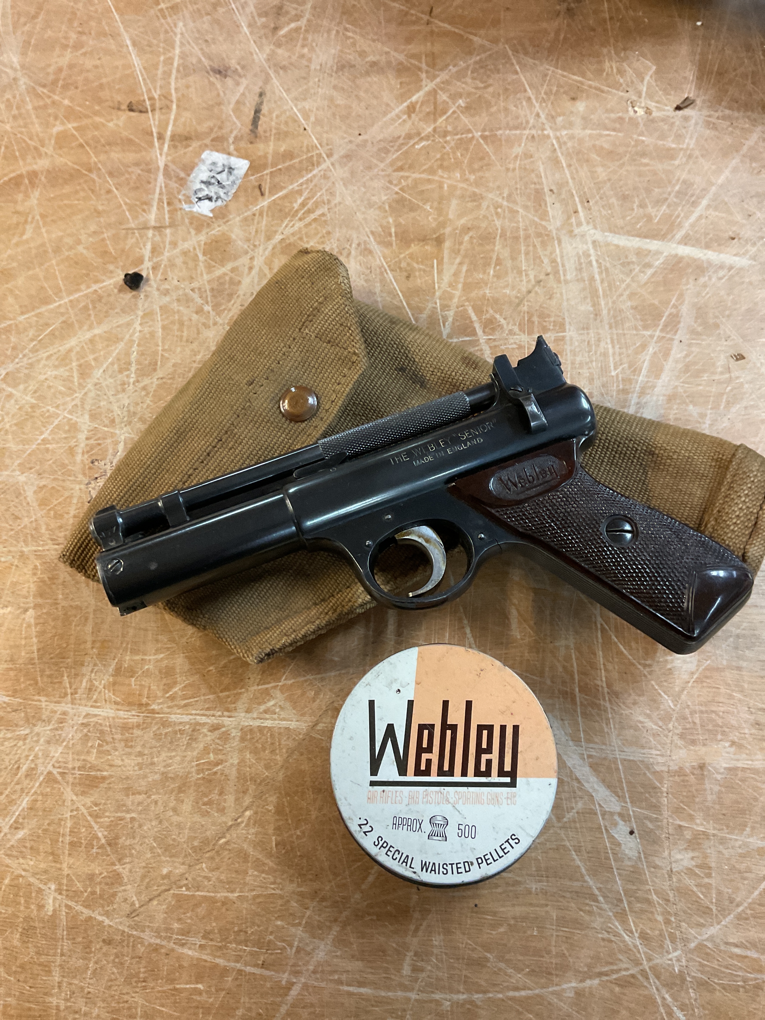 Webley Senior early frame number 003. .177 with vintage tin of pellets and WWII Canvas holster.