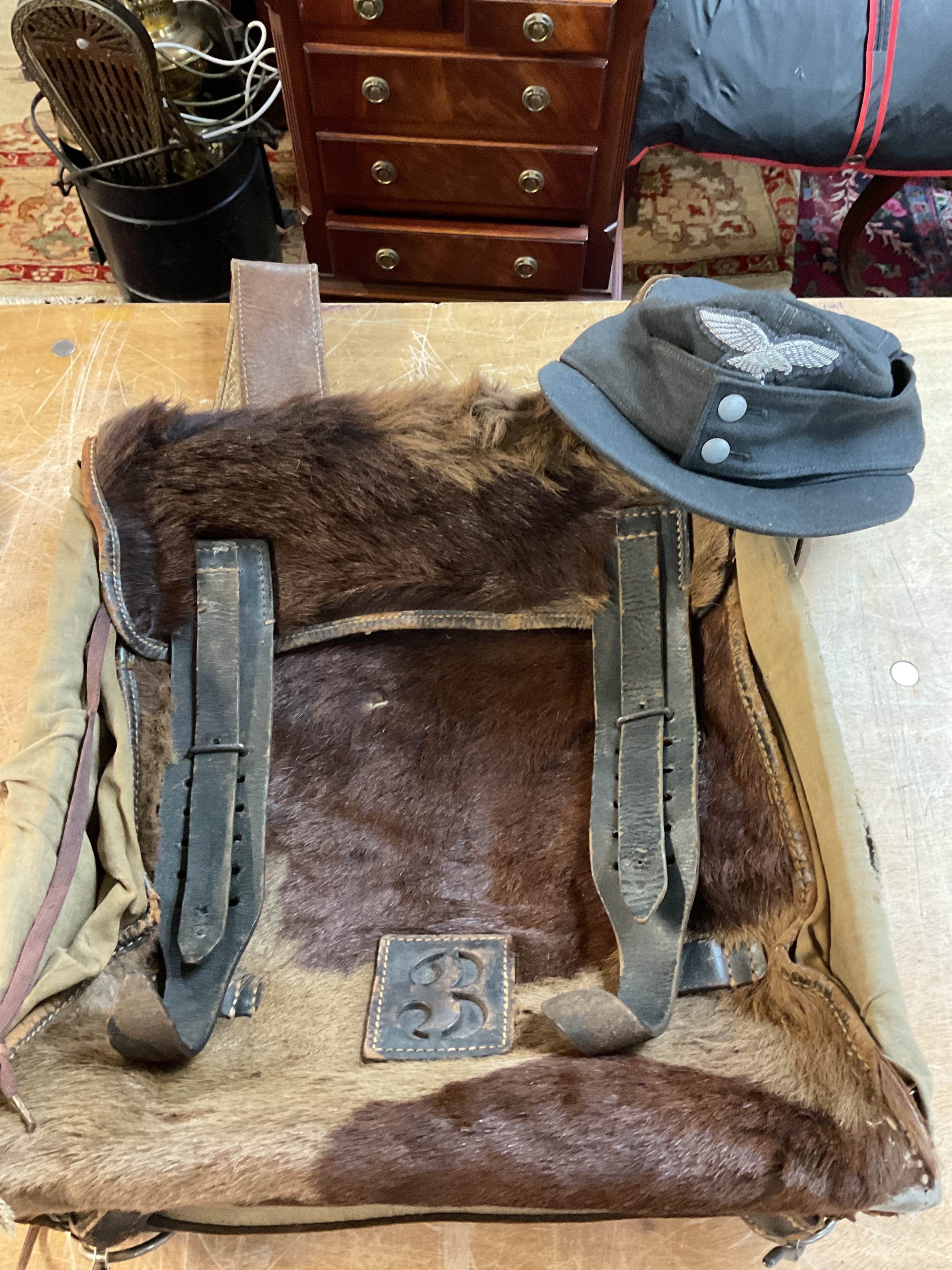 WWII German no 3 radio man's Tornister along with bullion eagle embroidered Luftwaffe cap.