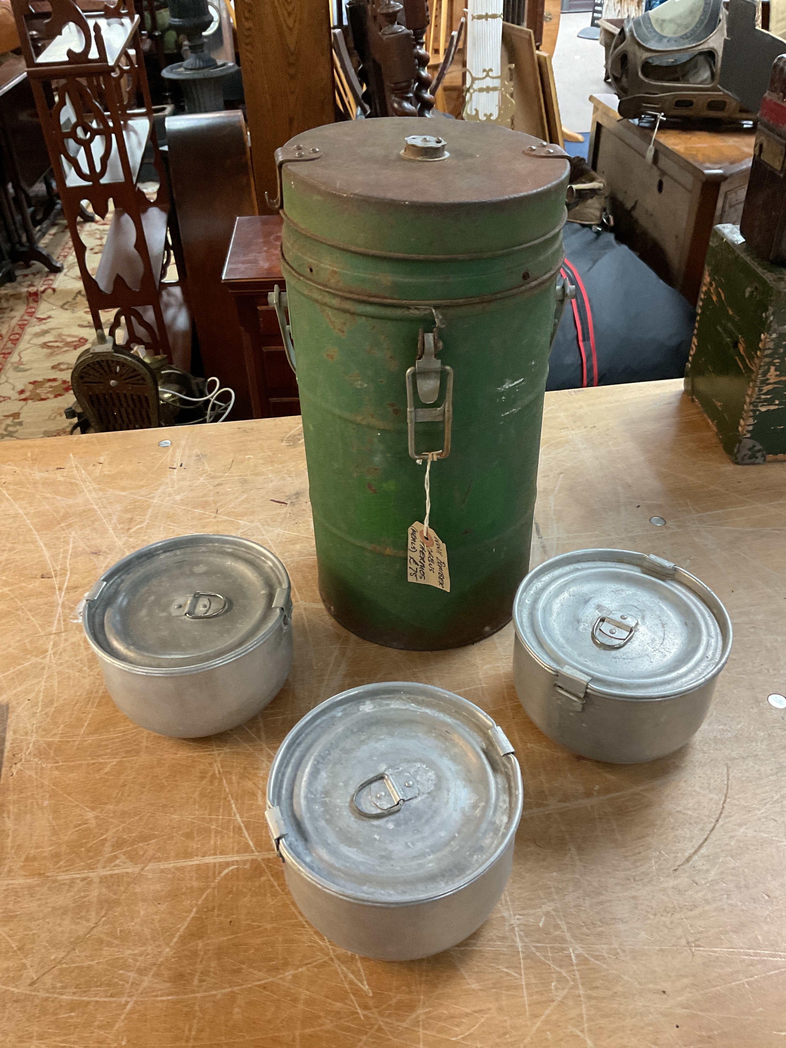 WWII Bomber crews meal thermos, with glass liner and three lidded round mess tins.