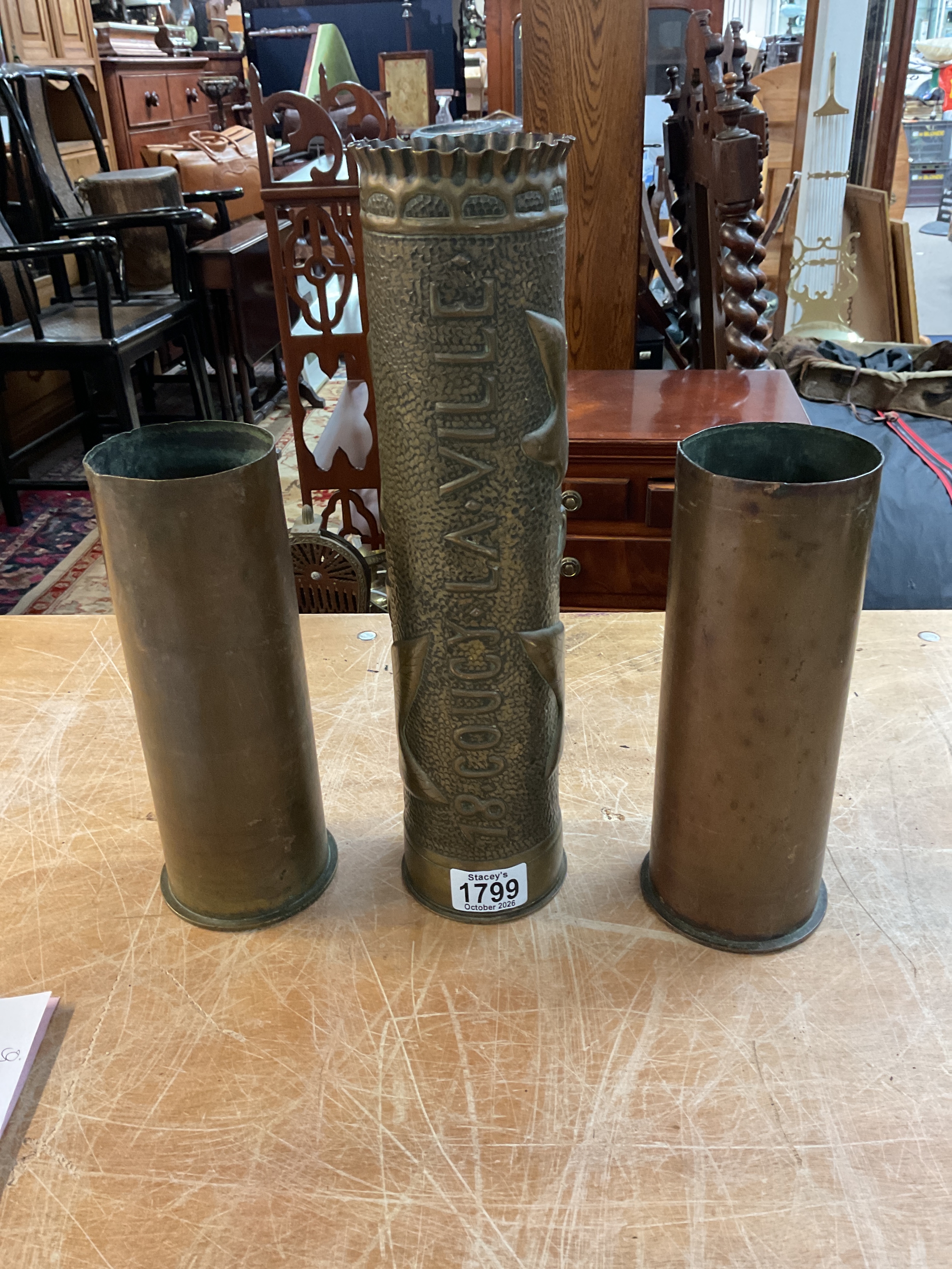 WWI Trench art shell embossed 18 COUCY LA VILLE, along with two other 1917 dated shells.