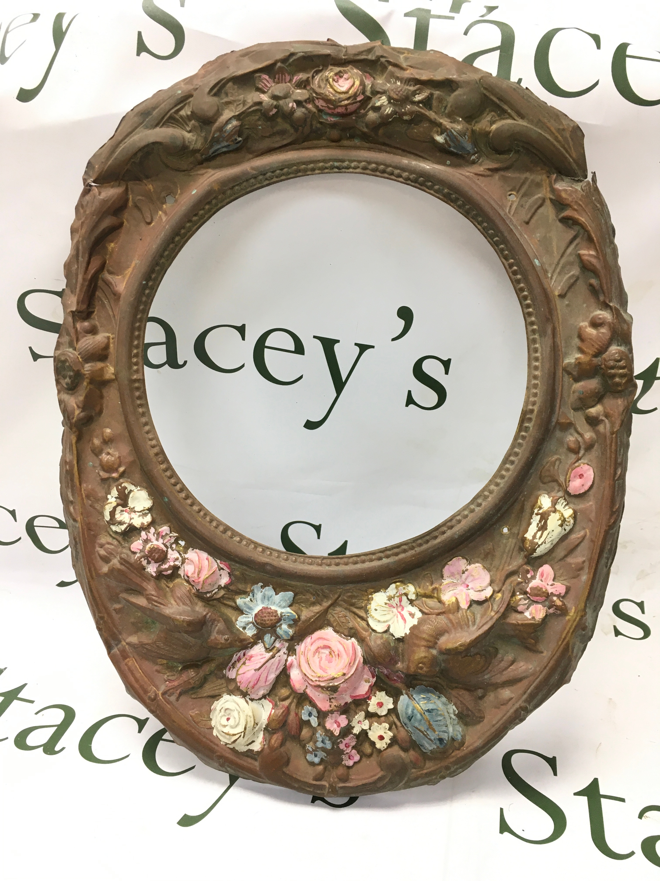 French 19C Comtoise or Morbier wall or Grandfather Clock embossed painted bronze face surround, A/F. High 41cm, hole width 21cm.