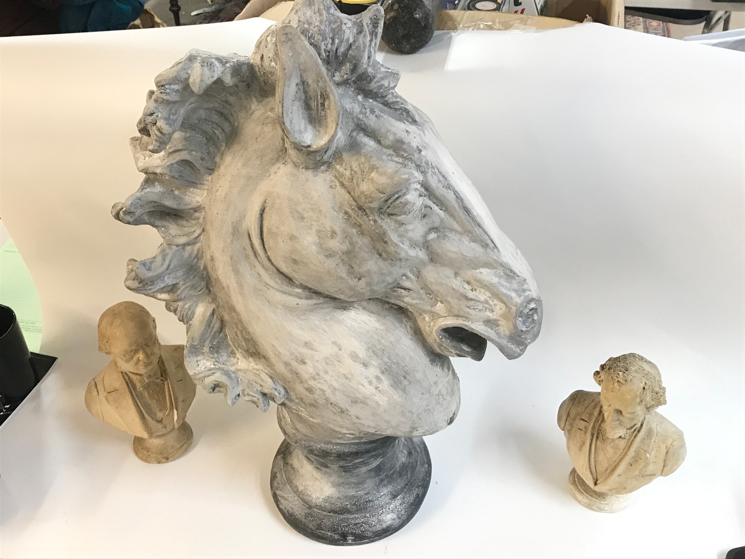 A plaster bust of a horse and two small Victorian plaster busts (3) some damage