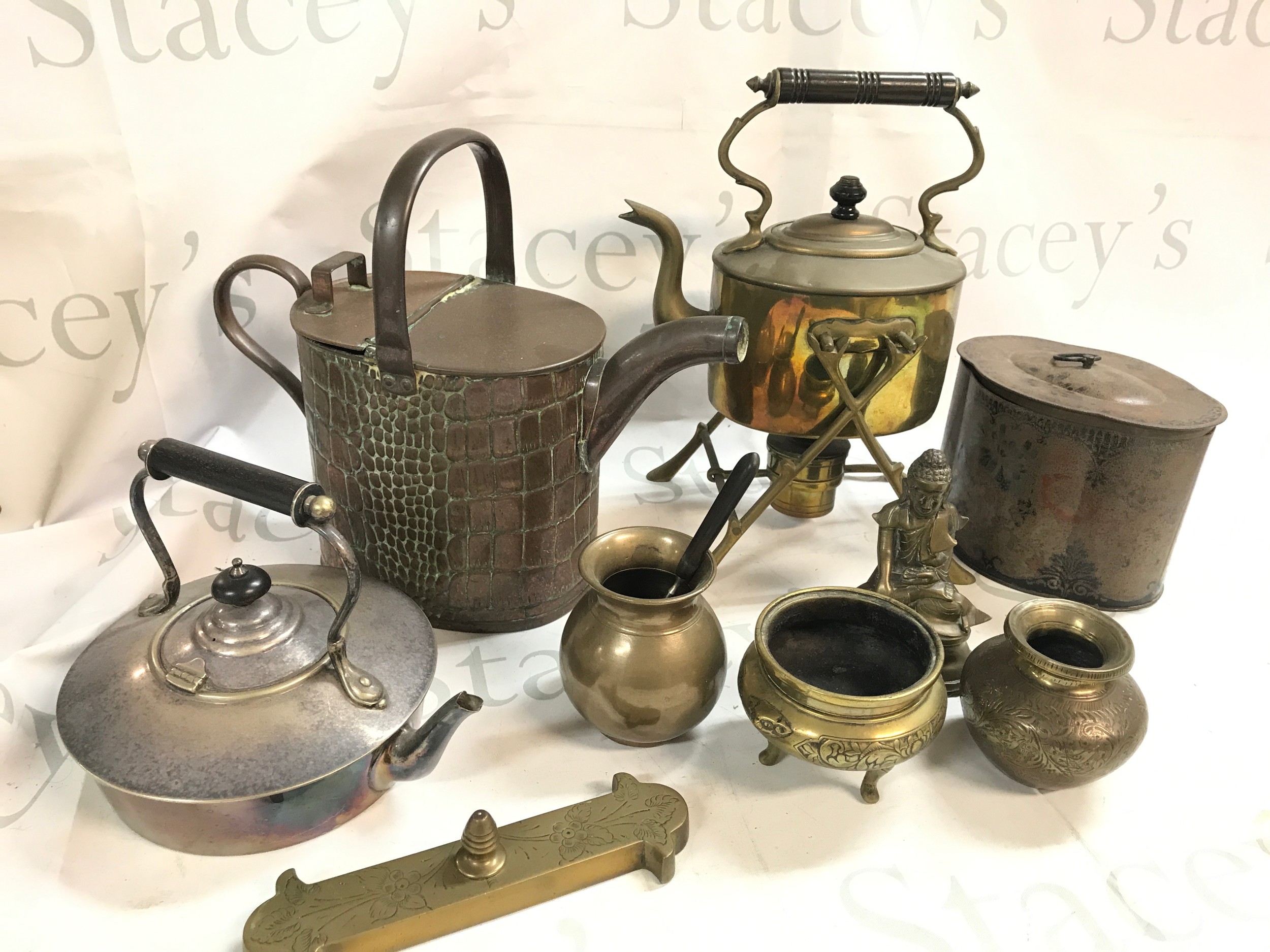A copper Samovar, crocodile textured copper kettle, Chinese style censer, Buddha figure etc