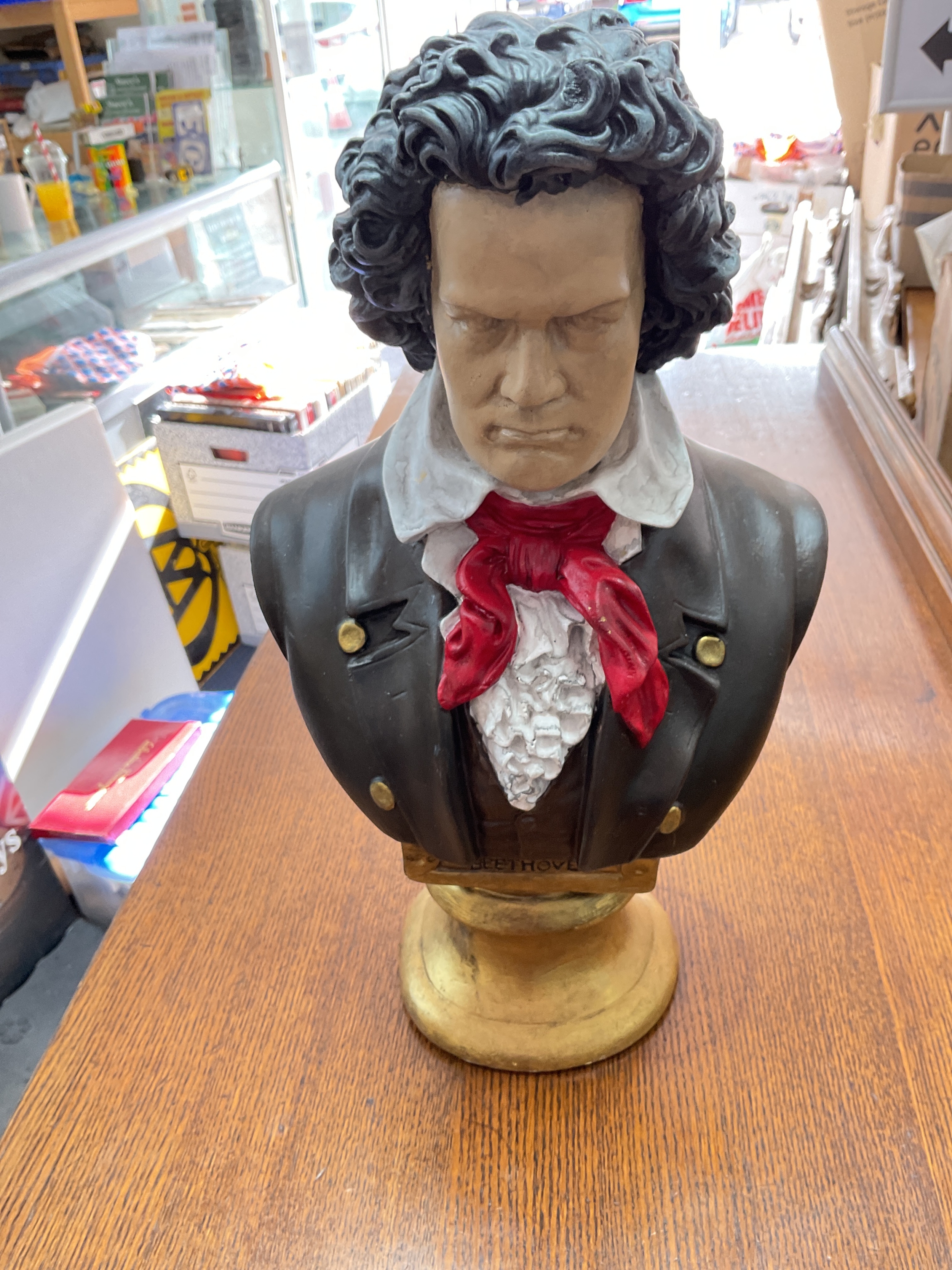 Painted bust of Beethoven.
