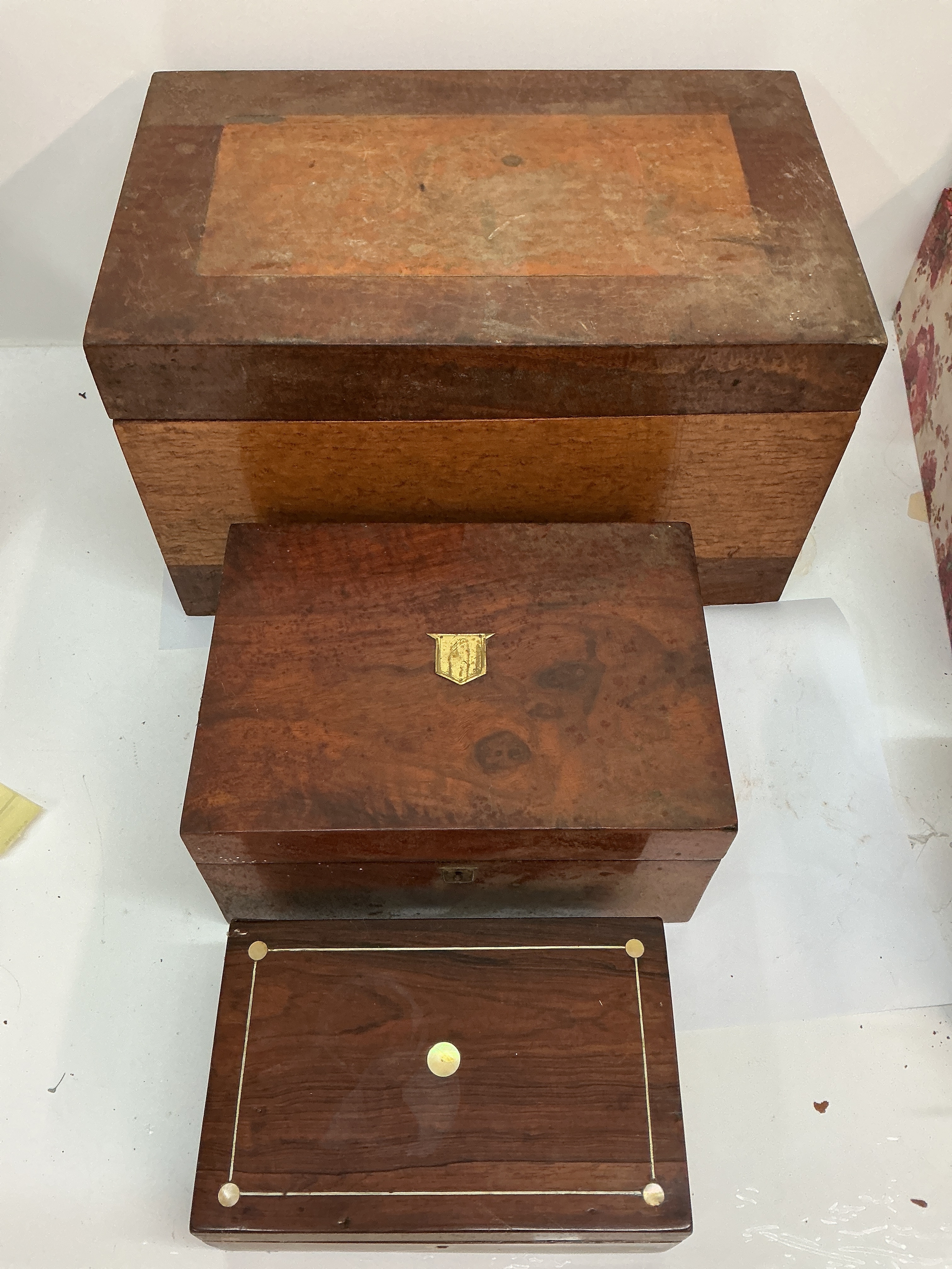 Three walnut boxes. Approx L43- 22.5cm. All a/f