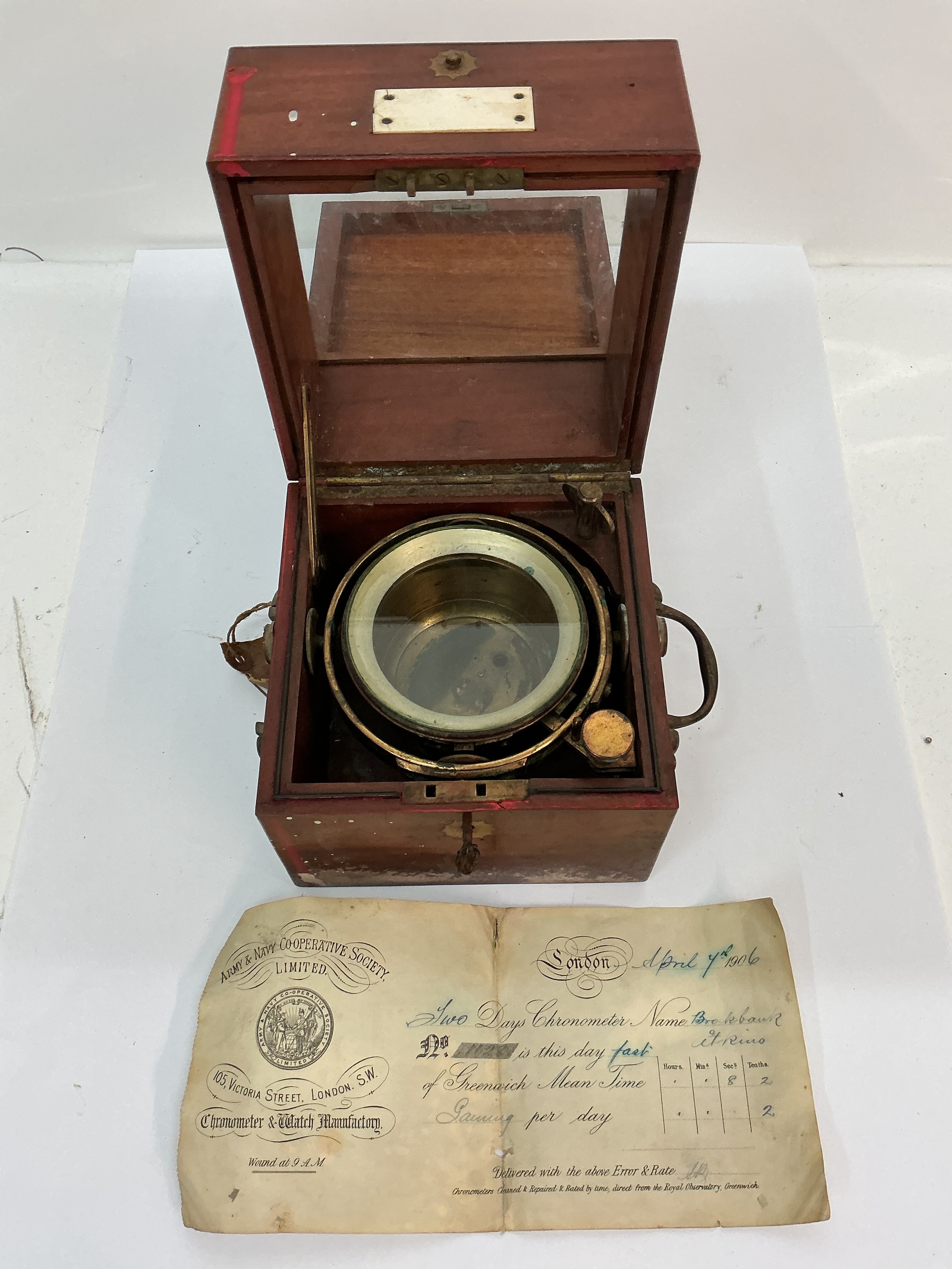 A 19th century mahogany boxed chronograph. Approx: 16 x 19cm