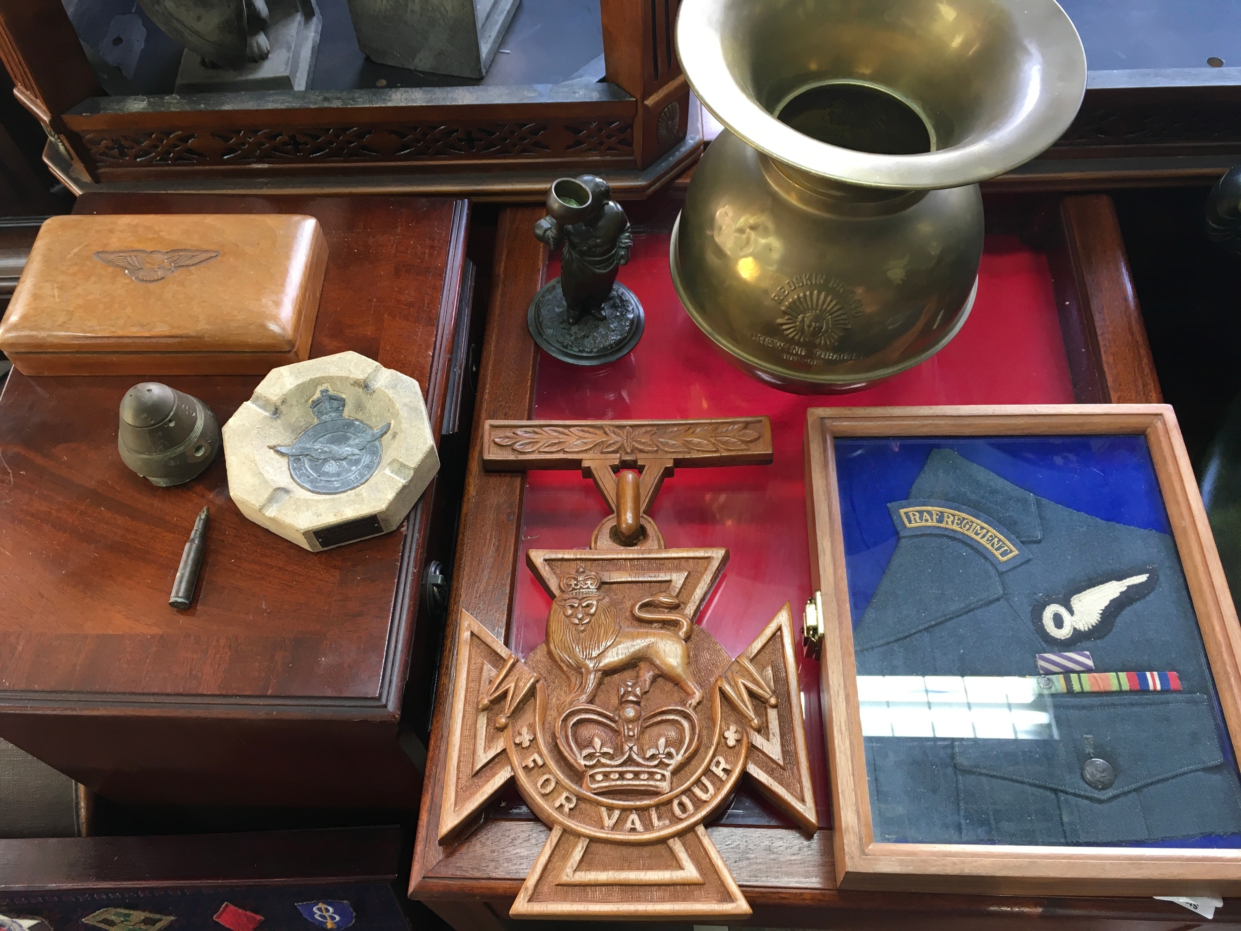 collection of military memorabilia and vintage items, Large carved wooden Victoria Cross Replica, RAF Regiment Framed Display Regiment shoulder/sleeve patch