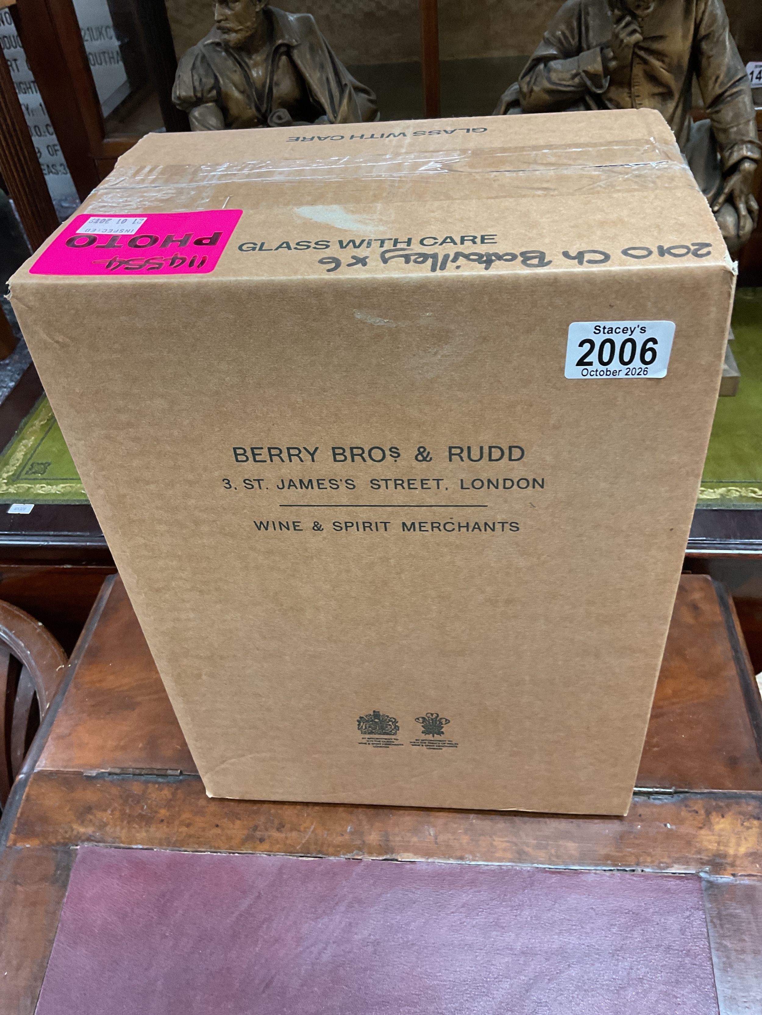 Six bottles of Chateau Batailey, Panillac, Bordeaux 2010, stored by Berry Bros in their temperature controlled warehouse.