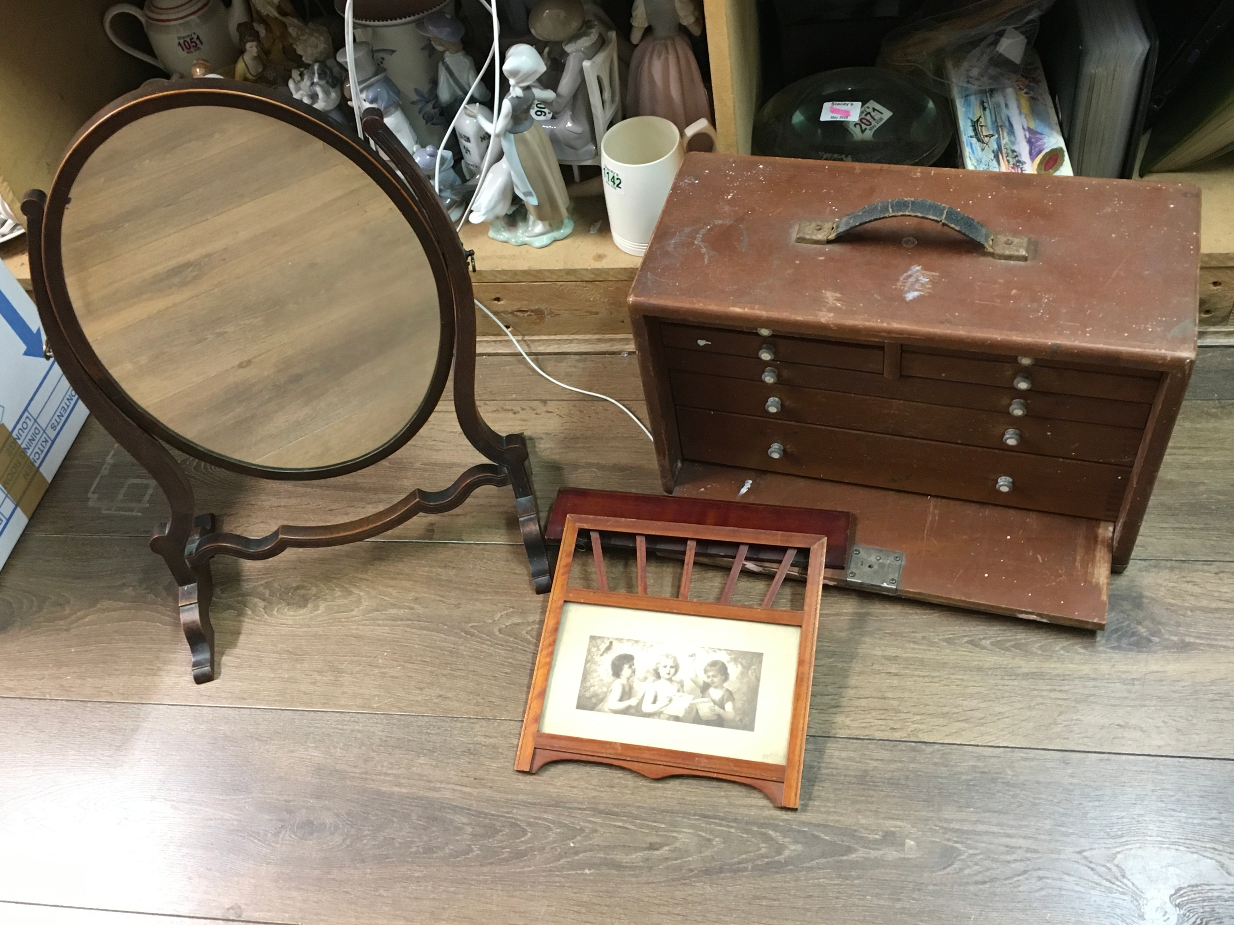 Mahogany swing mirror , frame and collectors box 