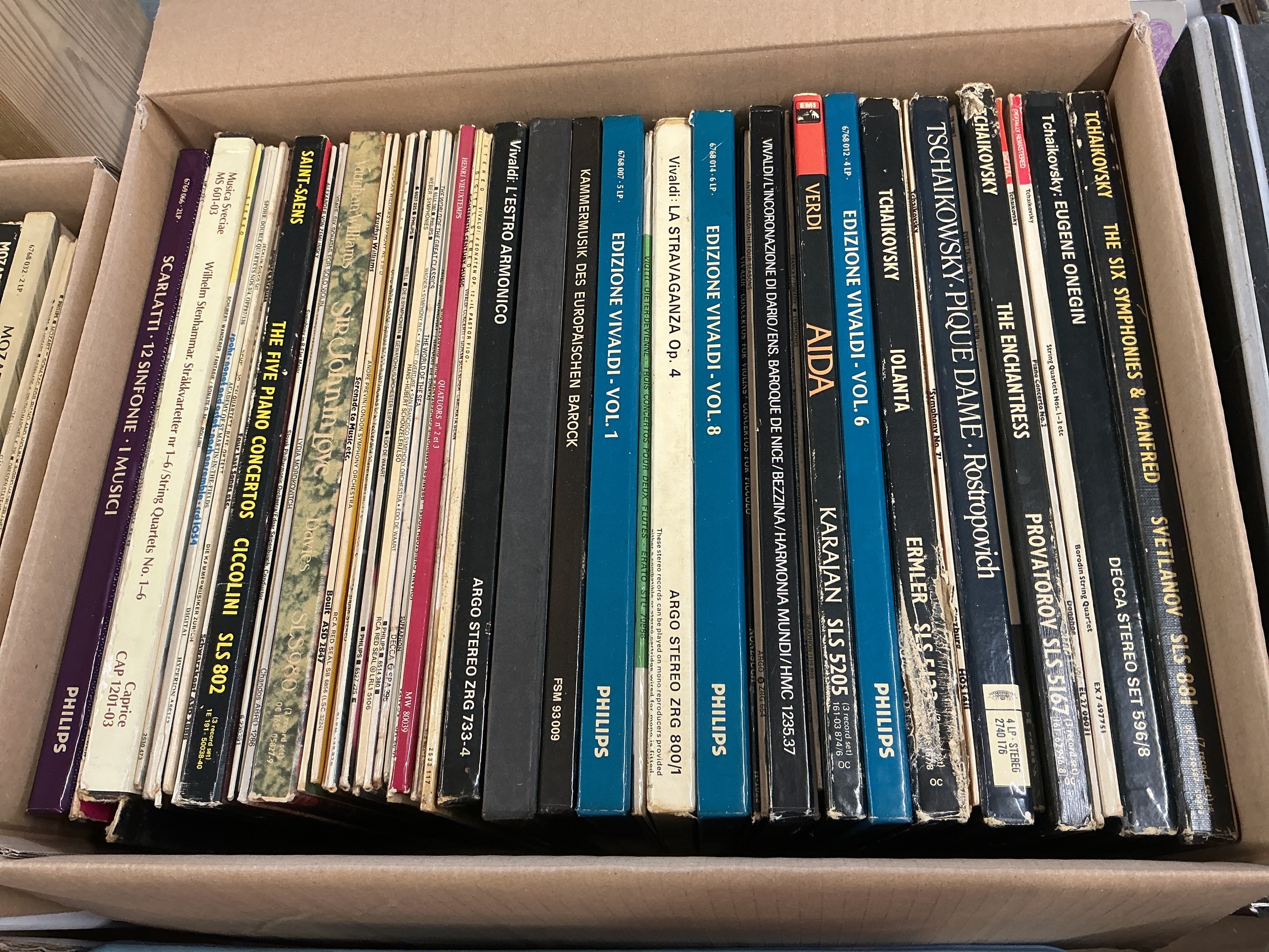 Five boxes and two bag of classical music LPs including many box sets.