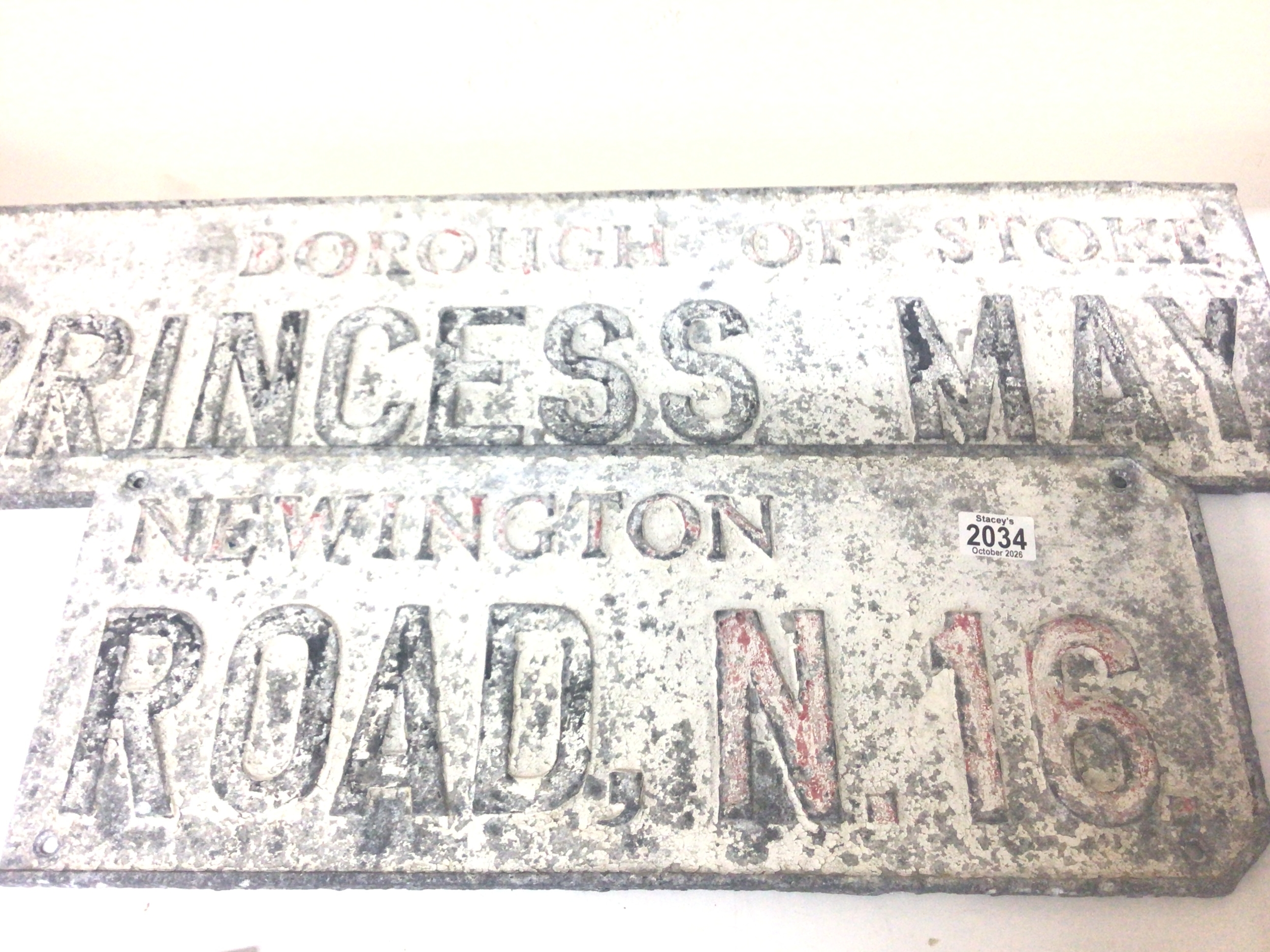 Two Vintage cast metal Signes Newington Rd N16 and Prince May Borough of Stoke (2) 