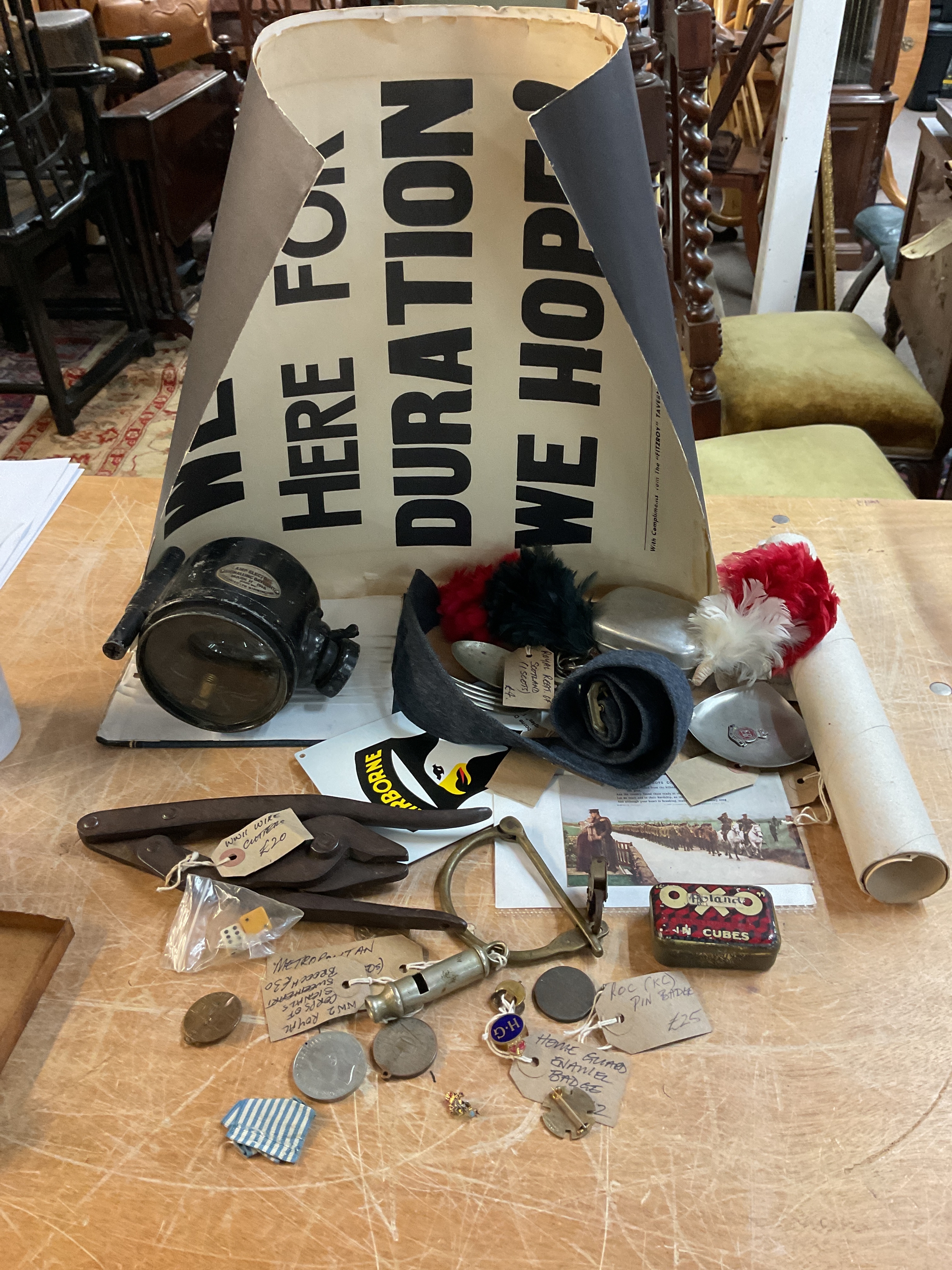 Qty military items medals, whistle WWII Wire cutters, lamp, accles and poster etc.