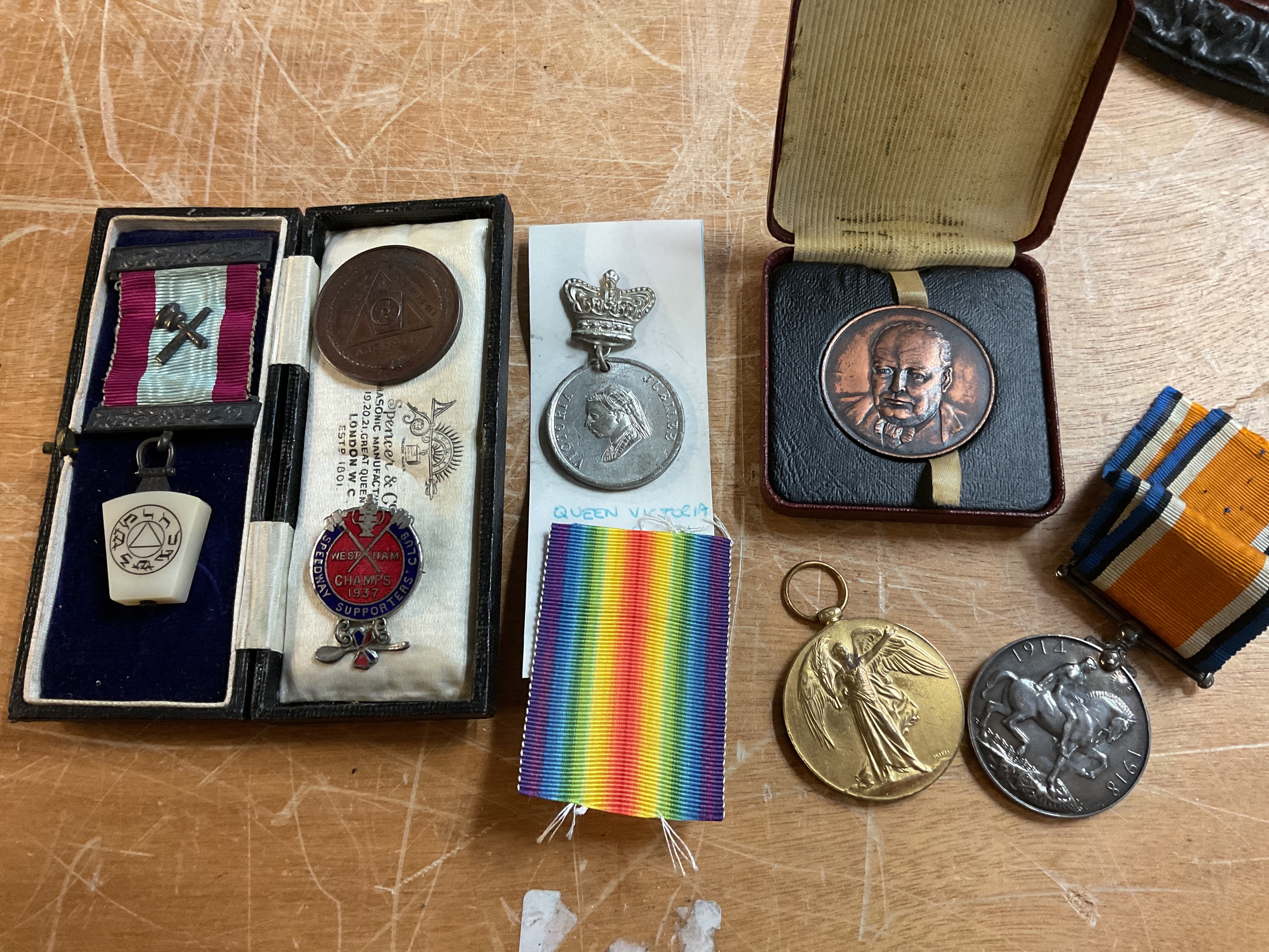 WWI Pair to WR-215089 Pnr J Royle RE,along with Masonic cased medal, Victorian jubilee medal, cased Churchill medal and West Ham speedway champs 1937 pin.
