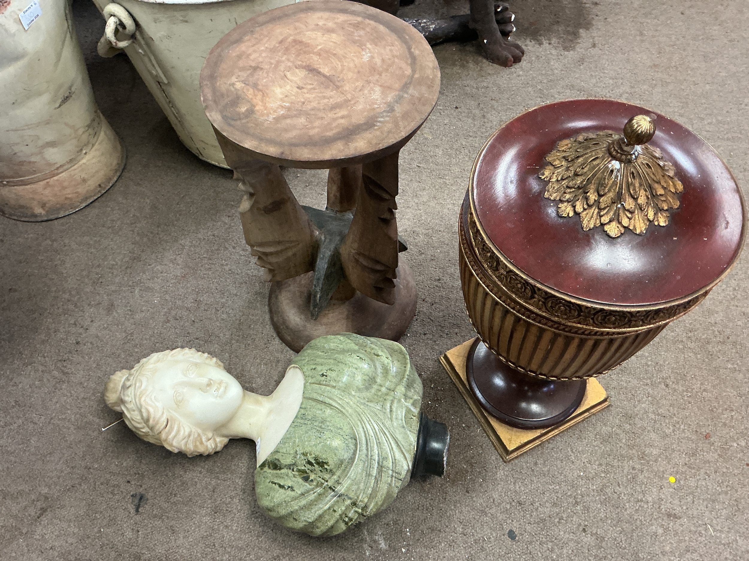 Resin and marble bust of a woman,  lidded urn, hand carved plant stand