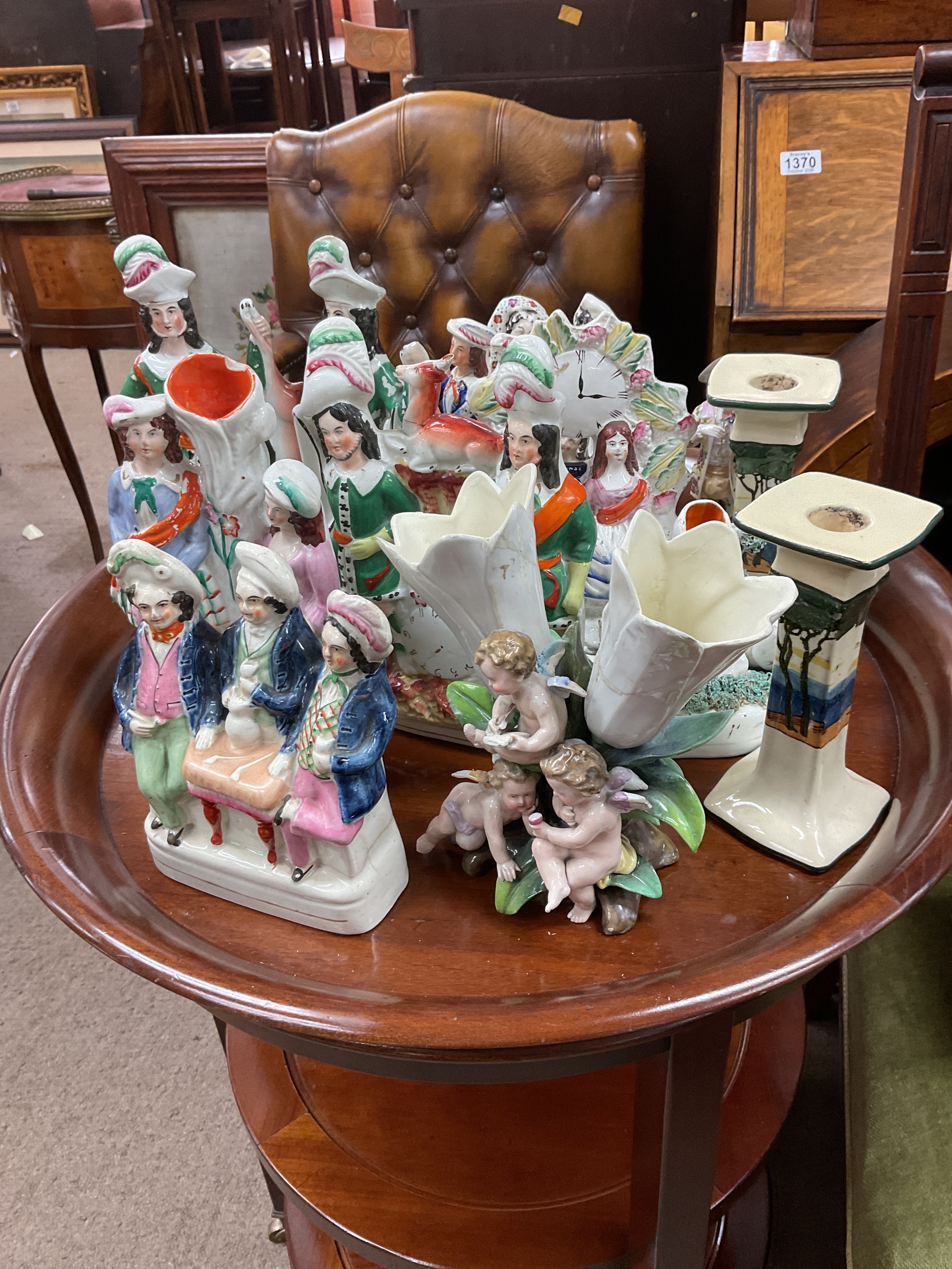 Qty of Flatbacks, along with a pair of Royal Doulton Candlesticks.