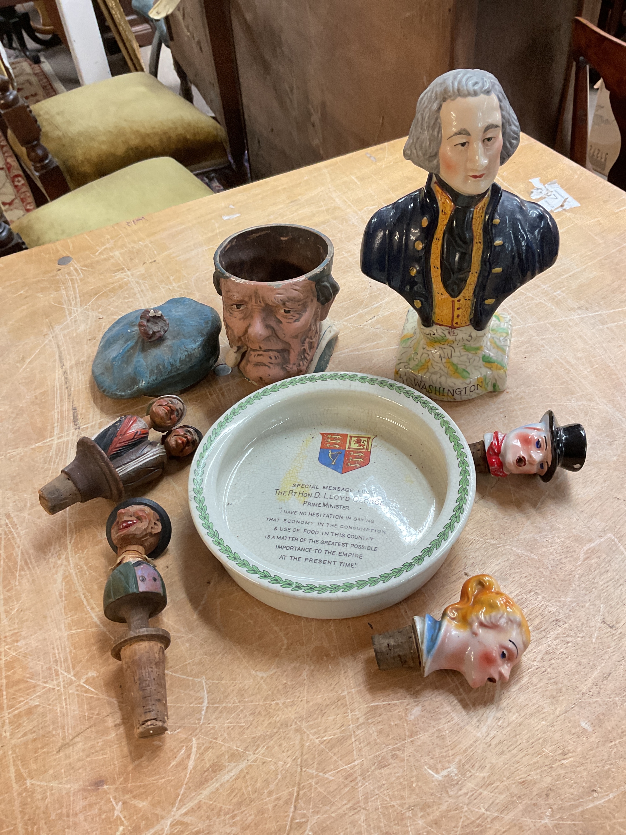 Ceramic bust of Washington, Scots tobacco jar, Lloyd George baby's bowl and stoppers.