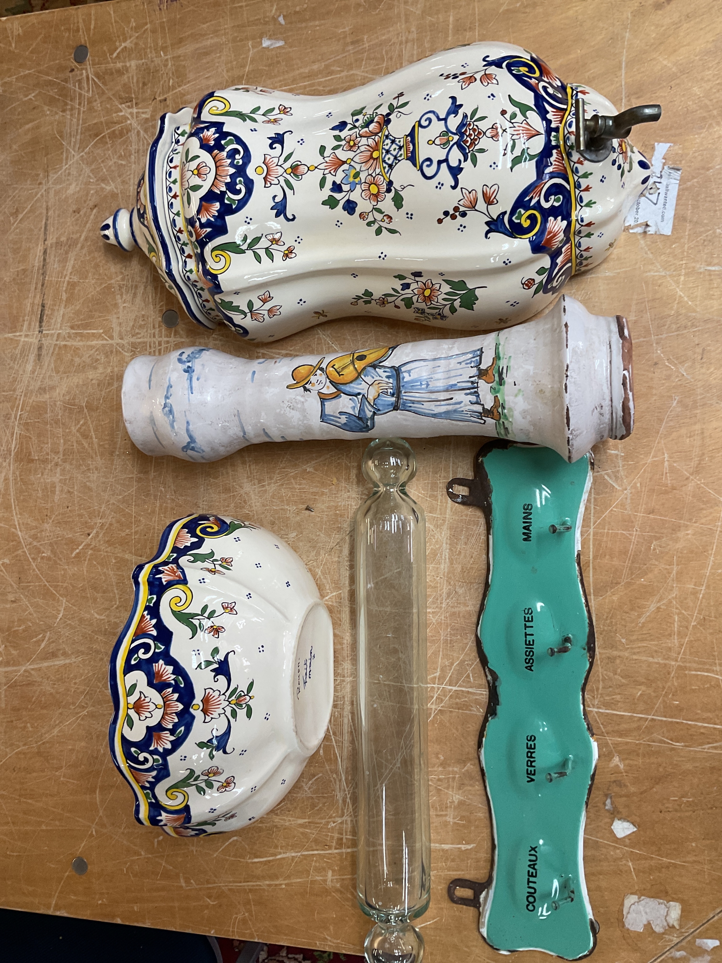 Qty Faience ware water holder and bowl and vase, along with kitchenalia.