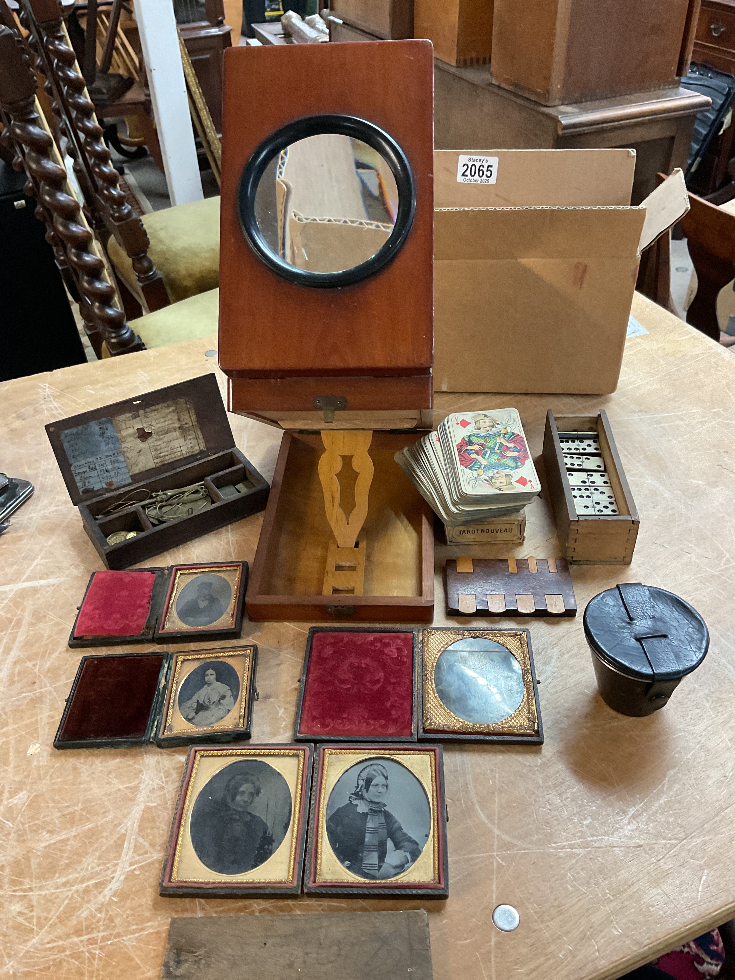 Edwardian viewer, scales, Daguerreotypes, Bezique counter, cards and dominoes.