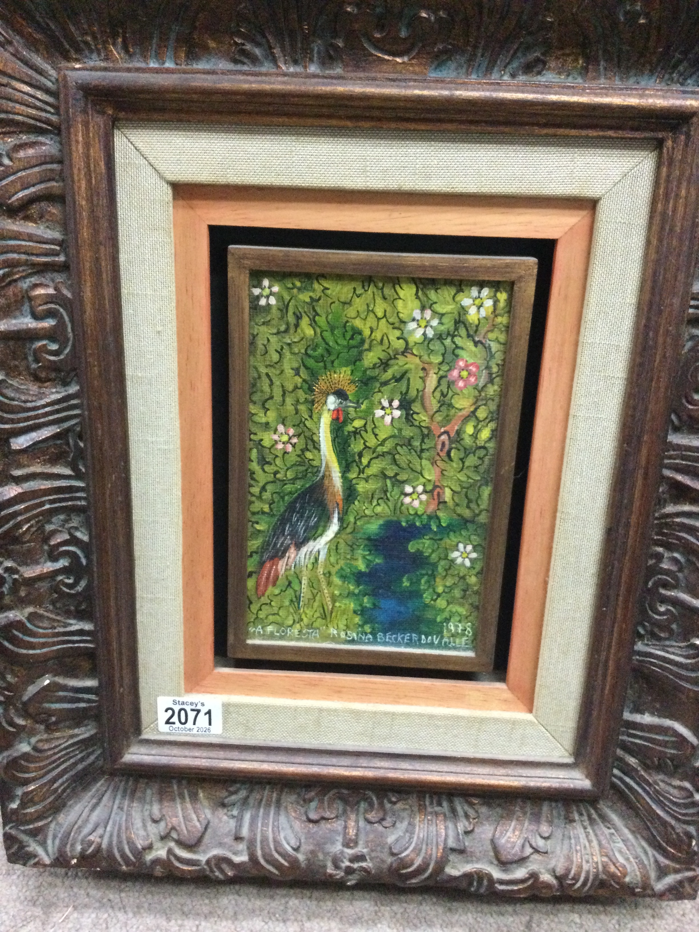 Framed oil on canvas depicting a peacock in landscape, signed Rosina Becker. Width 14cm, height 22cm