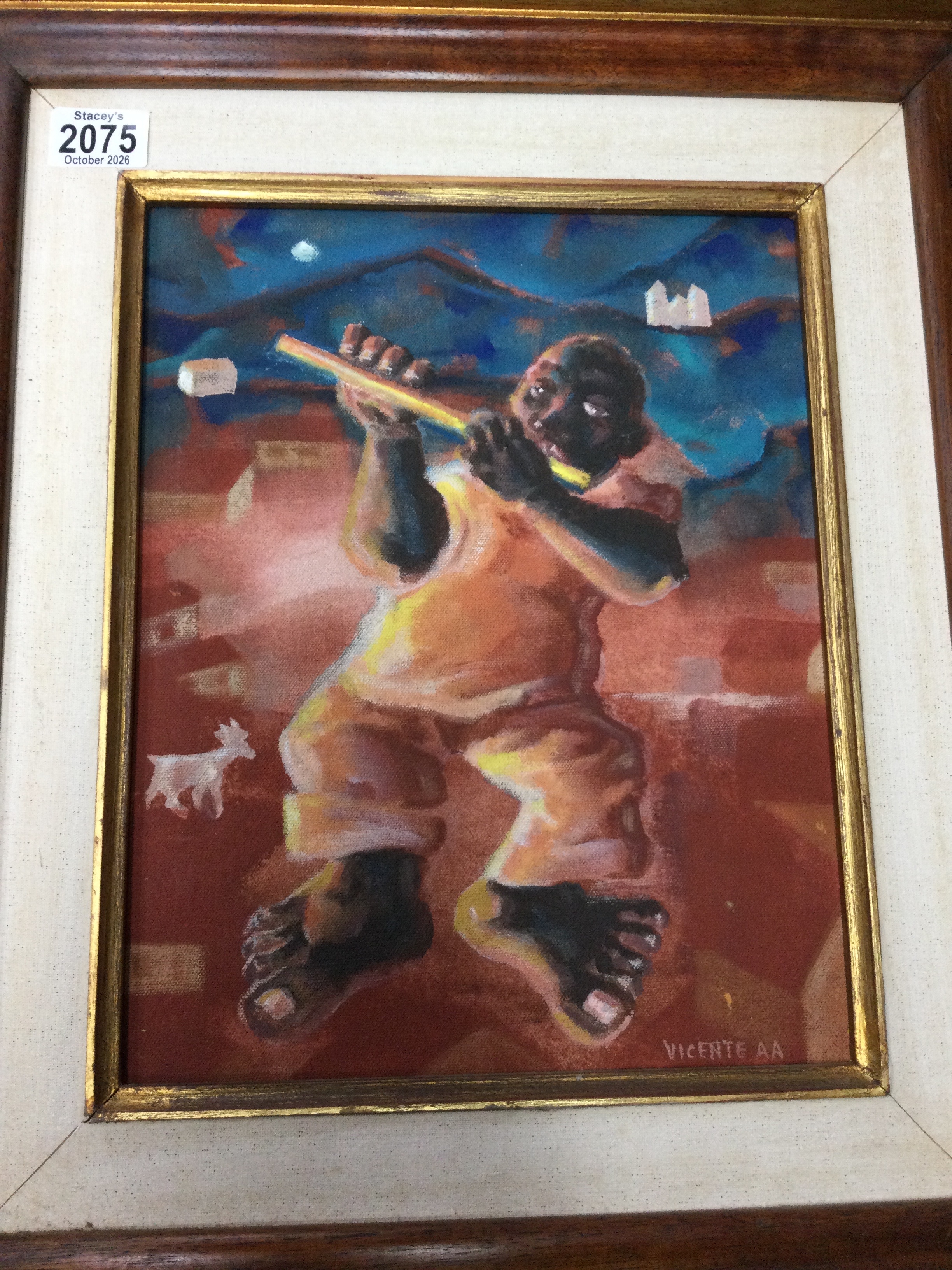 Framed oil on canvas depicting a figure playing the flute, signed Vicente AA. Width 25cm, height 22cm