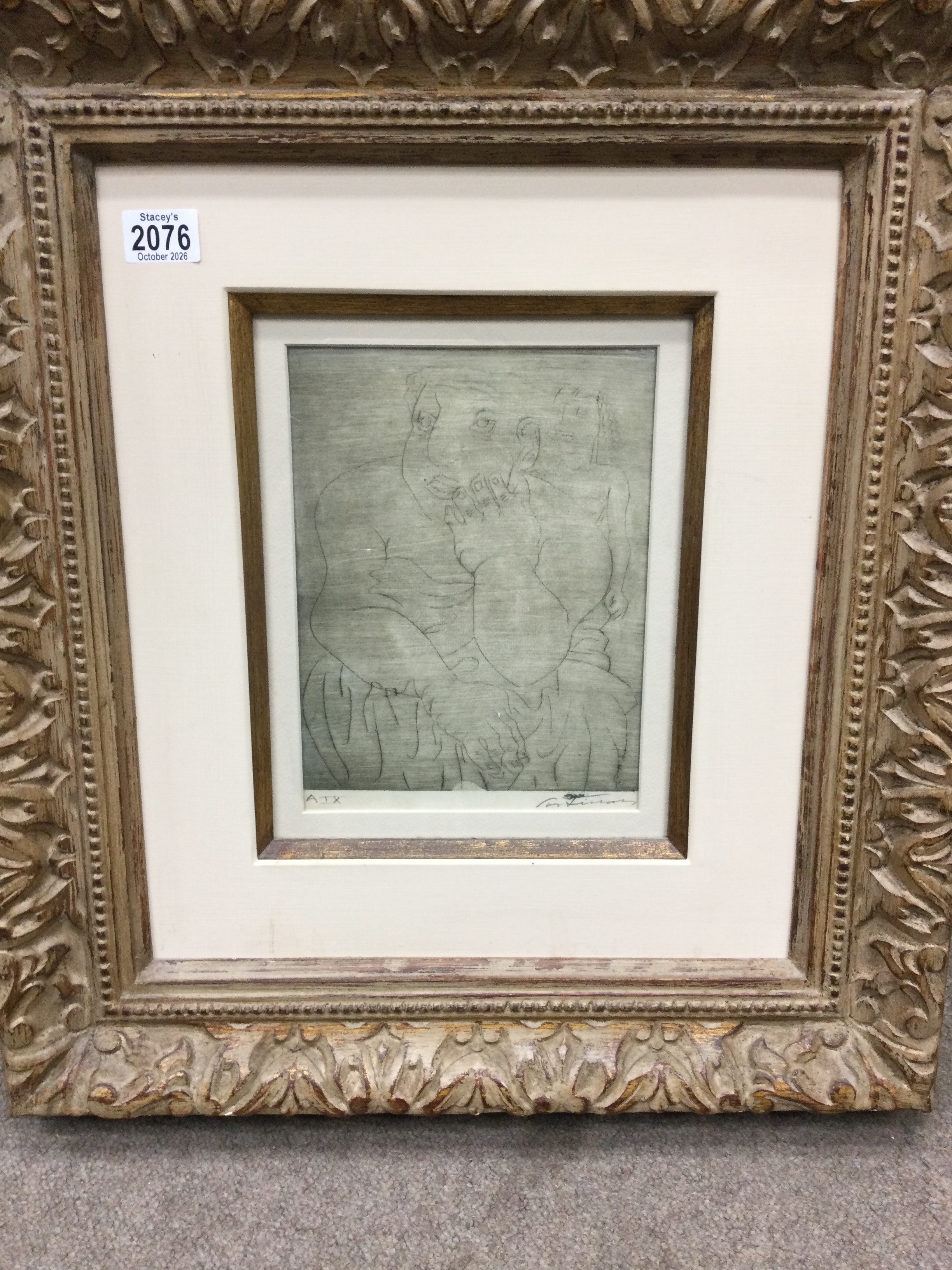 A pencil scetch. In distinctively signed bottom right, depicting two figure