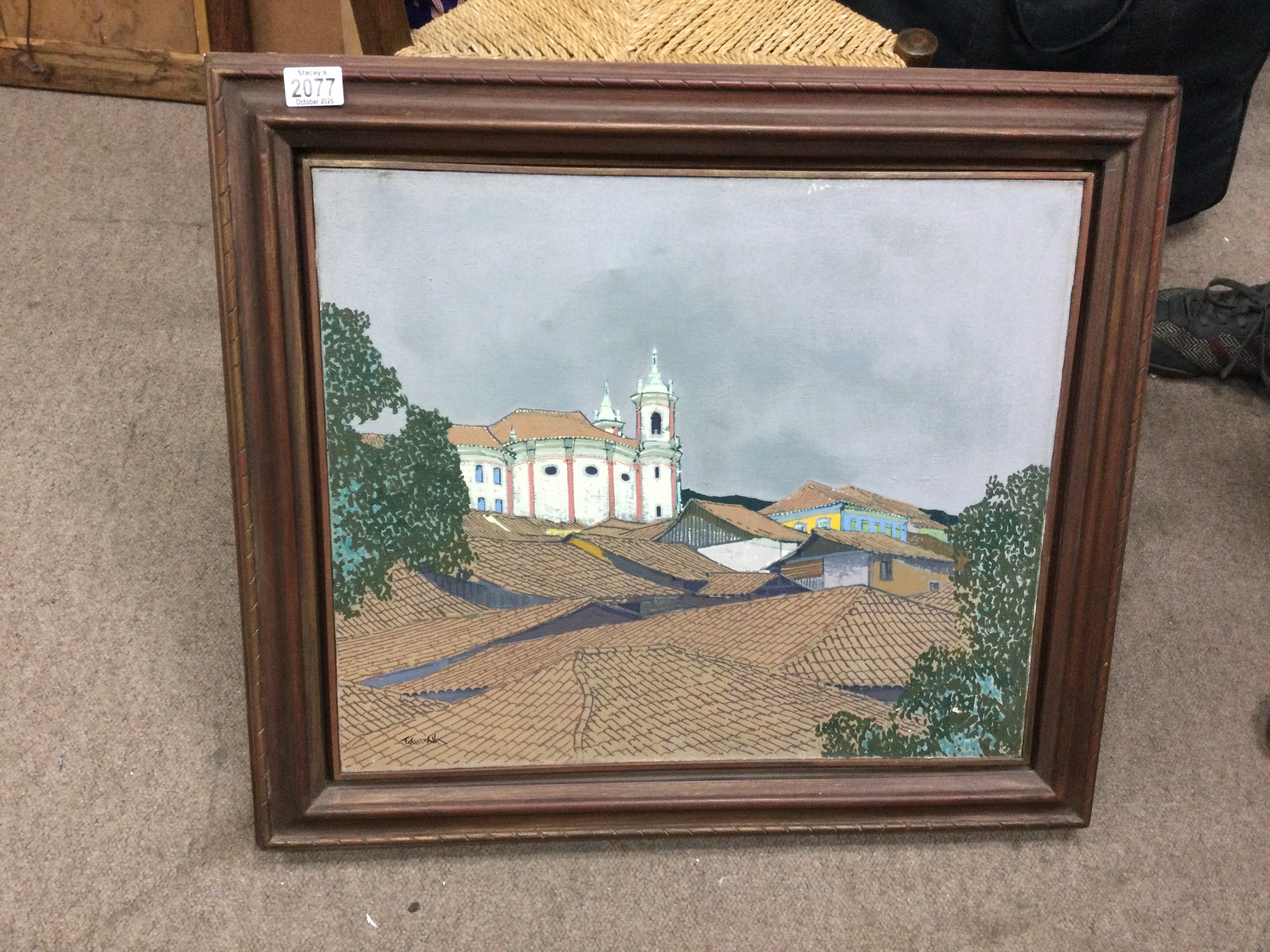 A landscape painting depicting the historic rooftops and church of Ouro Preto by Brazilian artist Yuji Tamaki, width 28cm, height 27cm