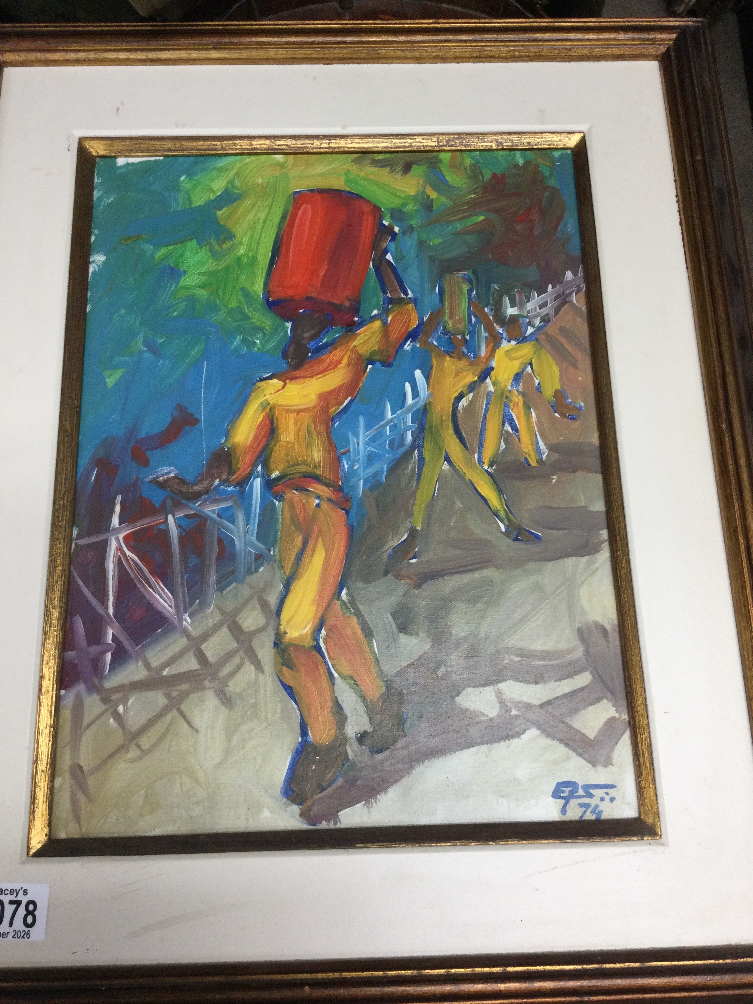 Oil on canvas depicting three modernistic figures on a path. Signed E.P. Sigaucl. Width 28cm, height 40cm