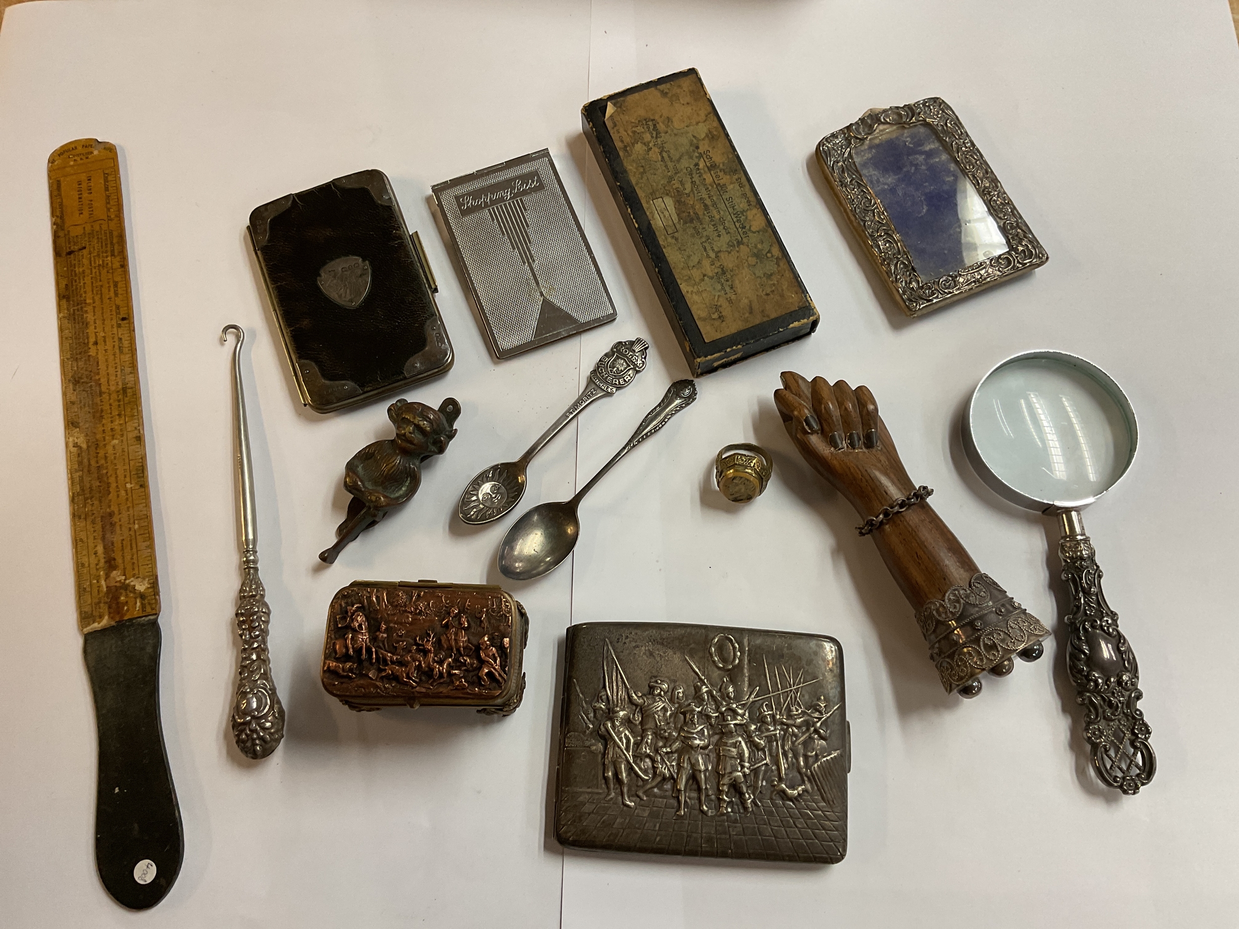 Vintage items to inc cigarette cases, silver magnifying glass, trinket box, Rolex spoon, page turner, medieval style ring etc.