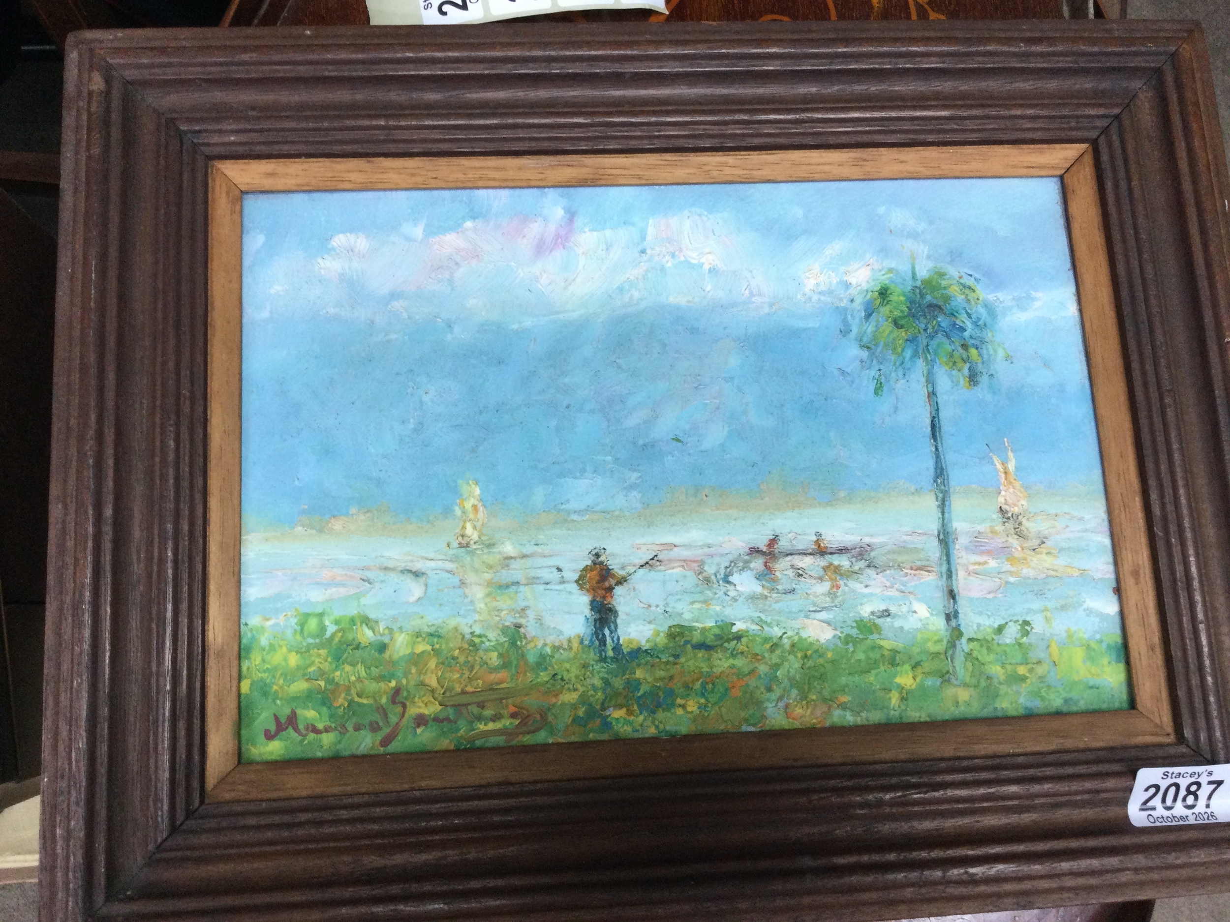 Oil on board depicting a fisherman, signed Manoel Santiago. Width 30cm, height 20cm