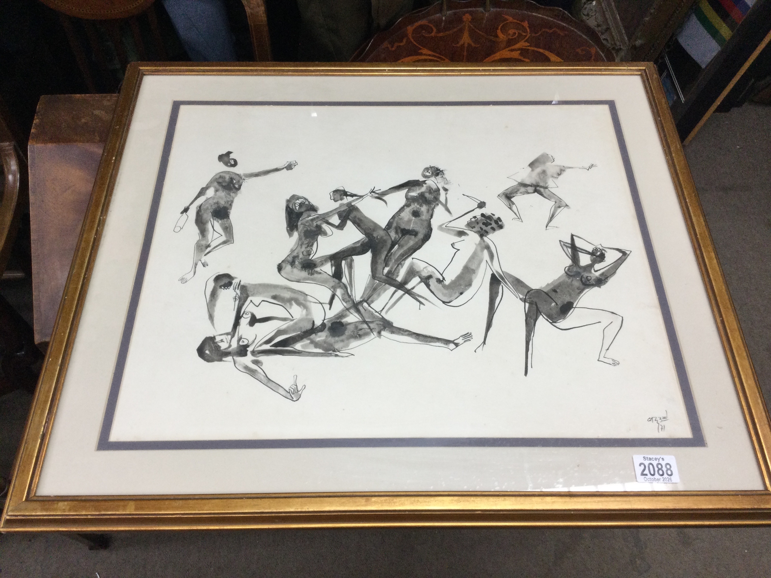 Ink scetch depicting fighting female figures. The applied label on the back baring a certificate from Formanova Molduras Ltda. Width 54cm, height 44cm 