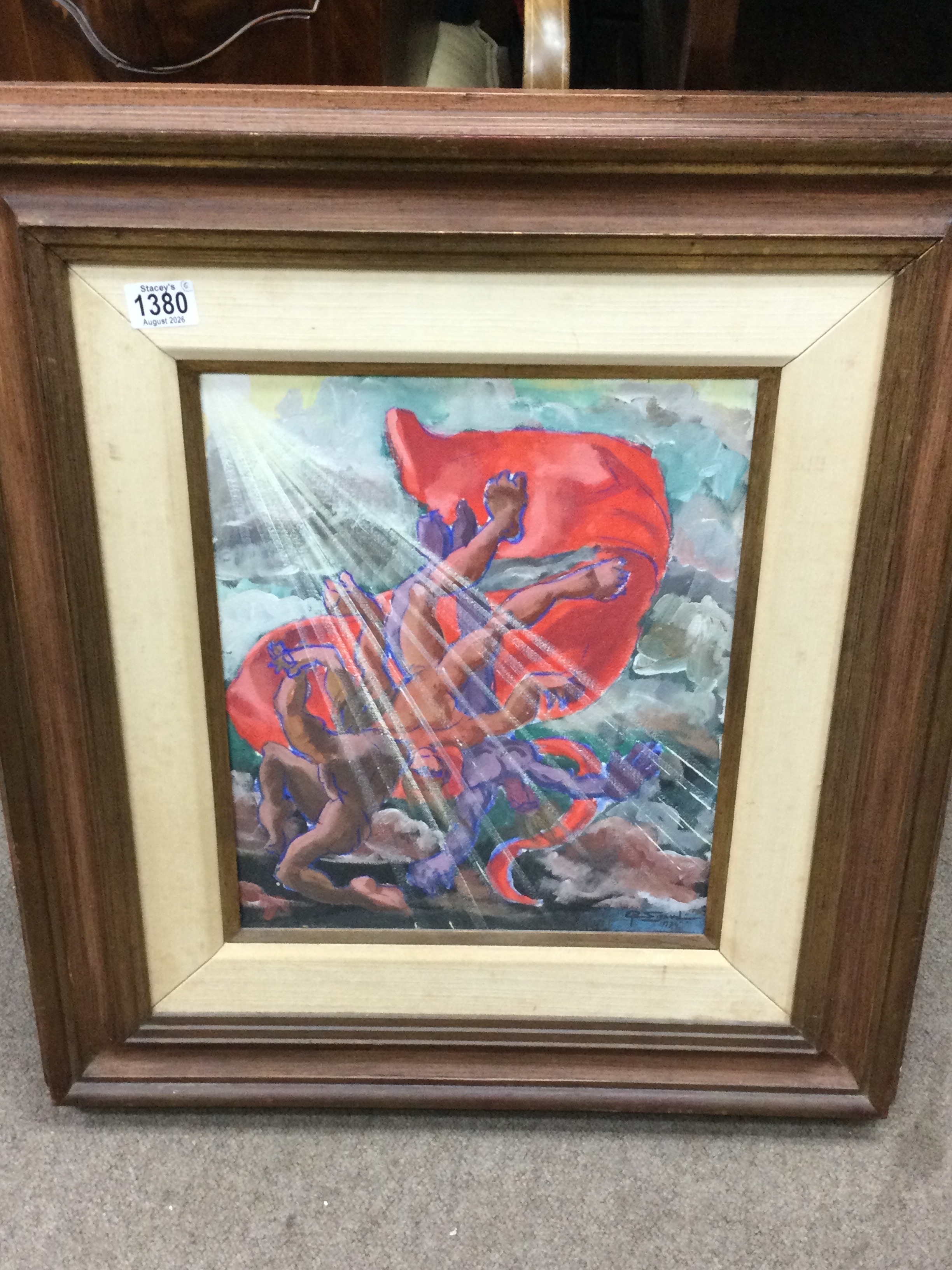 Framed oil on canvas depicting figures in cloud, signed E.P. Sigaud. Width 36cm, height 40cm