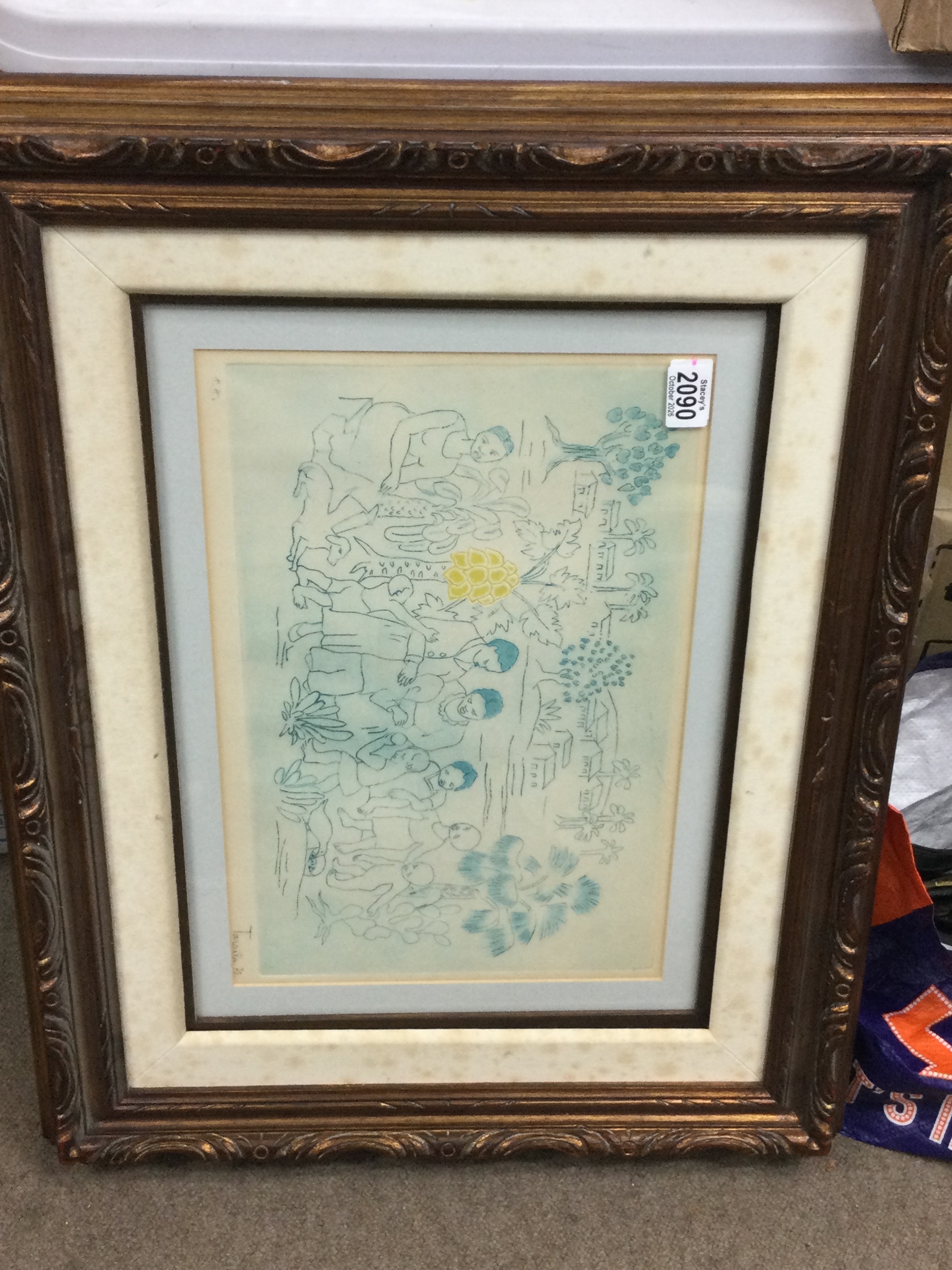 Framed print on paper bearing the handwritten signature Tarsila 70. Width 44cm, height 30cm. 
