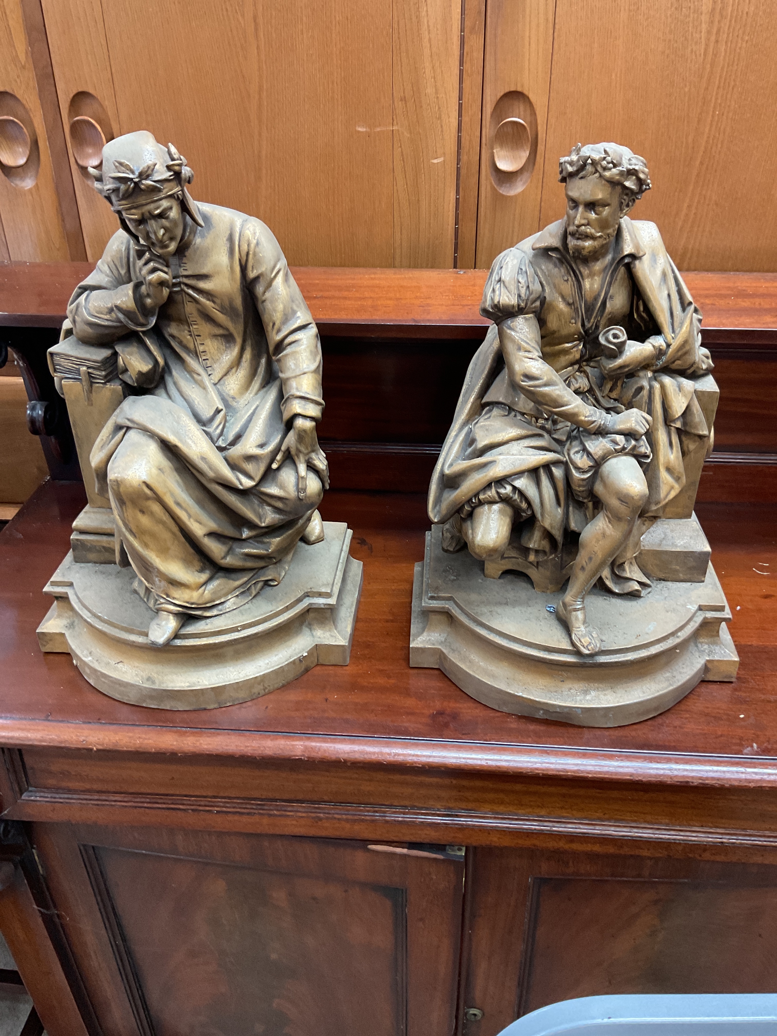 Large Victorian cast metal figures of seated Dante and Shakespeare.  Height 43 cm.