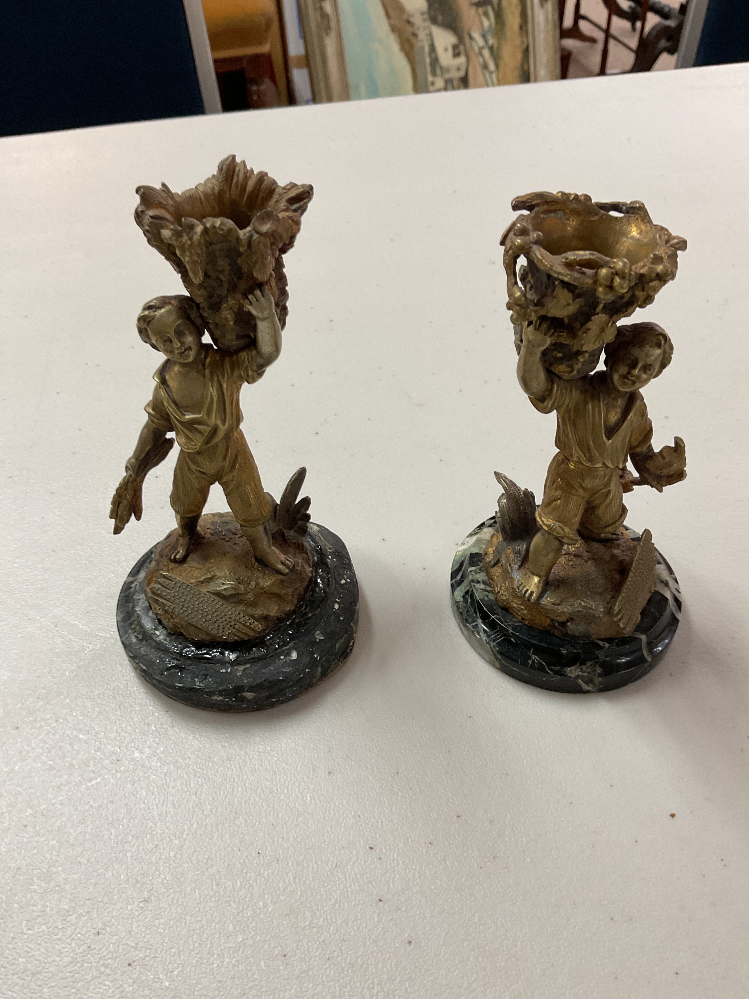 Pair mid 19 th C ormolu bronze table vistas, in the form of harvest workers.restoration to base on one figure.