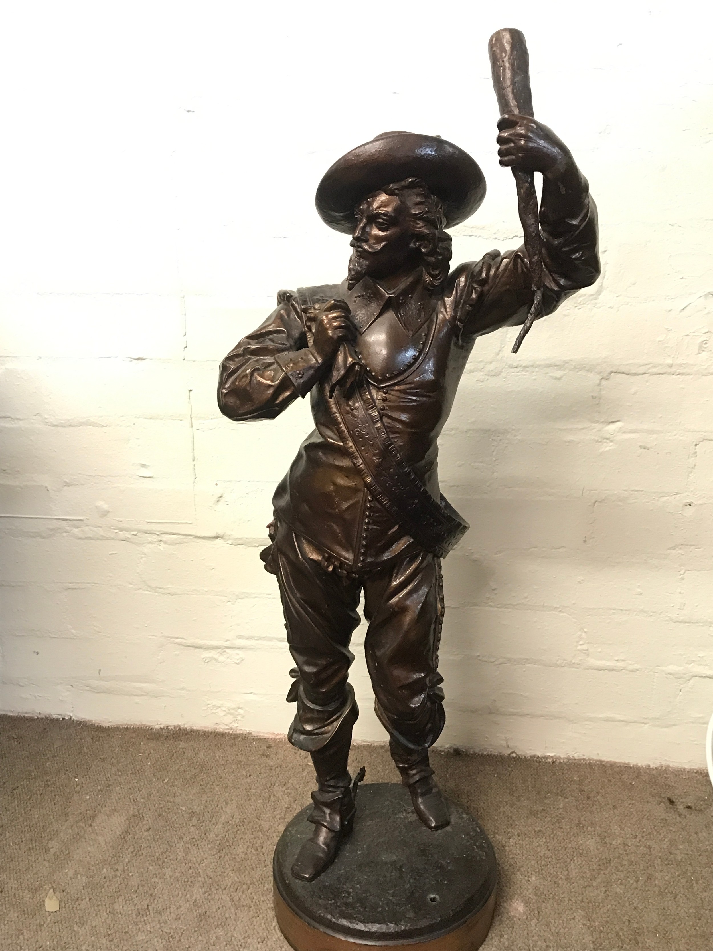 Large Spelter figure of Cavalier, in the style of the French sculptor Auguste Poitevin (1819–1873). 77cm tall